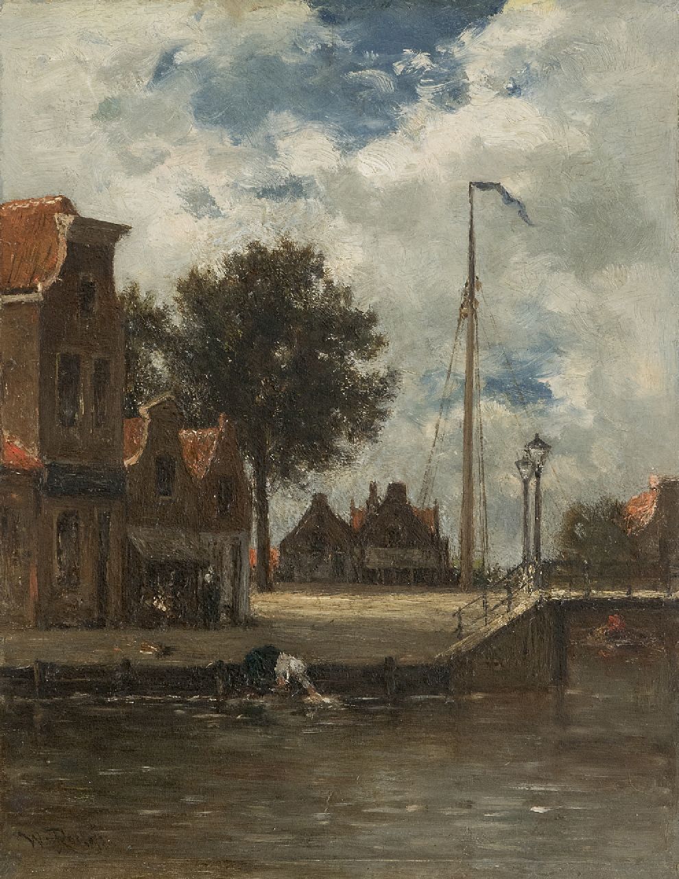 Roelofs W. | Willem Roelofs, Dorpsvaart met vrouw aan de was (mogelijk Edam), olieverf op paneel 31,5 x 24,5 cm, gesigneerd linksonder en te dateren ca. 1861-1867 Roelofs W. | Willem Roelofs, Dorpsvaart met vrouw aan de was (mogelijk Edam), olieverf op paneel 31,5 x 24,5 cm, gesigneerd linksonder en te dateren ca. 1861-1867