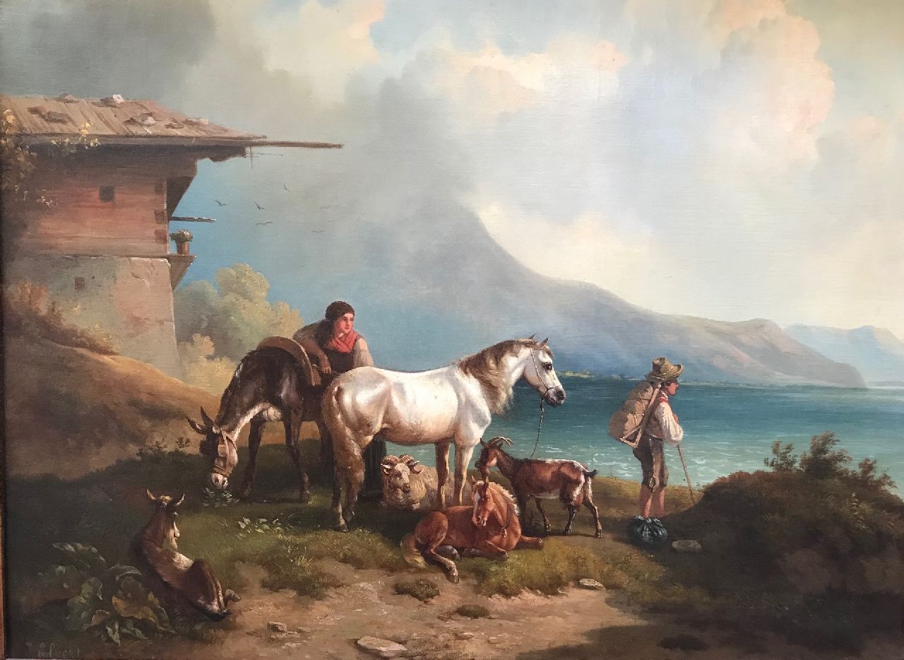 Elvert J. | J. Elvert, Reiziger en geitenhoedster aan de rand van een meer, olieverf op doek 60,0 x 80,2 cm, gesigneerd linksonder Elvert J. | J. Elvert, Reiziger en geitenhoedster aan de rand van een meer, olieverf op doek 60,0 x 80,2 cm, gesigneerd linksonder