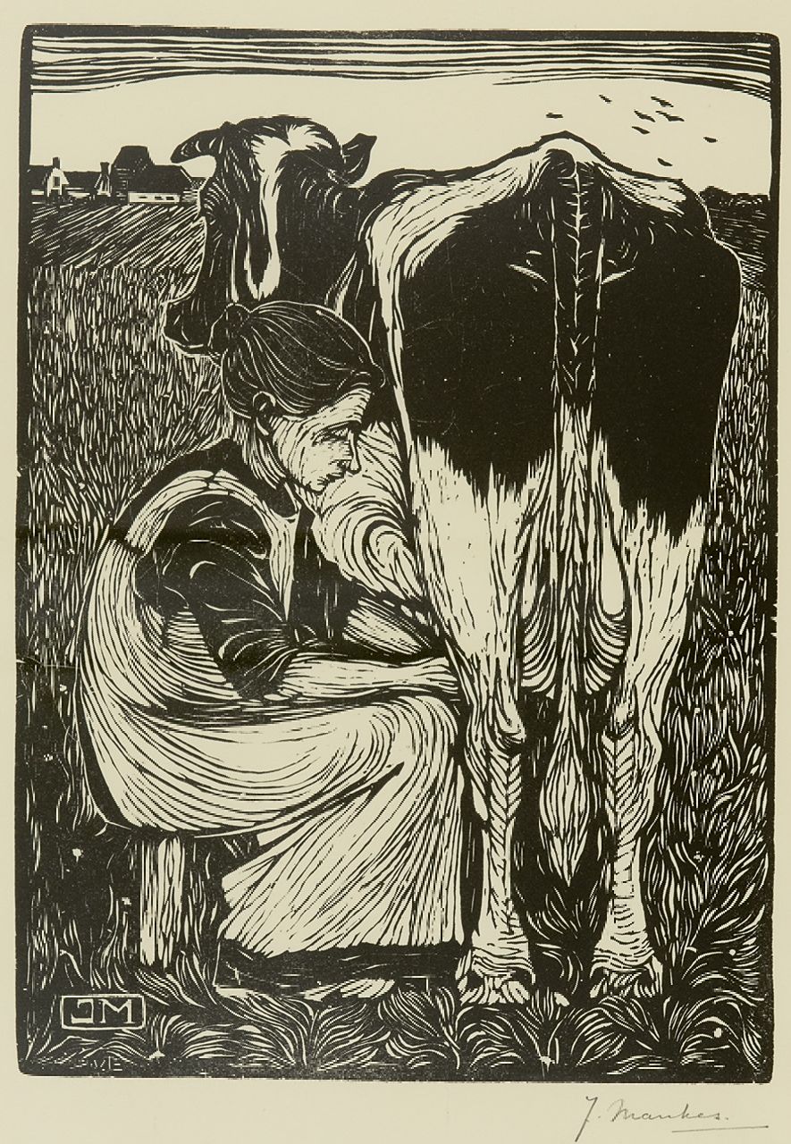 Mankes J. | Jan Mankes, Koemelkende boerin, houtsnede op papier 22,0 x 16,0 cm, gesigneerd rechtsonder (in potlood) en te dateren 1914 Mankes J. | Jan Mankes, Koemelkende boerin, houtsnede op papier 22,0 x 16,0 cm, gesigneerd rechtsonder (in potlood) en te dateren 1914