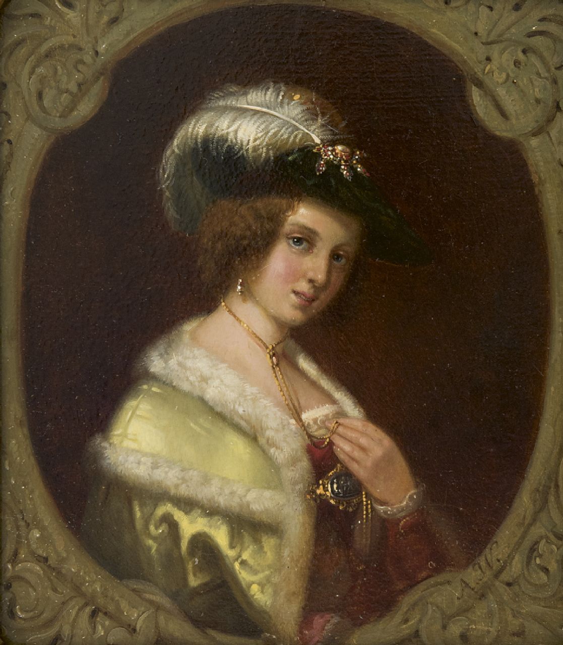 Waldorp A. | Antonie Waldorp, Portret van een rijk uitgedoste vrouw, olieverf op paneel 19,0 x 16,2 cm, gesigneerd rechtsonder met initialen Waldorp A. | Antonie Waldorp, Portret van een rijk uitgedoste vrouw, olieverf op paneel 19,0 x 16,2 cm, gesigneerd rechtsonder met initialen