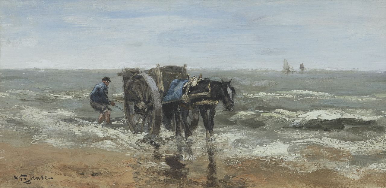 Jansen W.G.F.  | 'Willem' George Frederik Jansen, Schelpenvisser op het strand, olieverf op doek 20,2 x 40,4 cm, gesigneerd linksonder