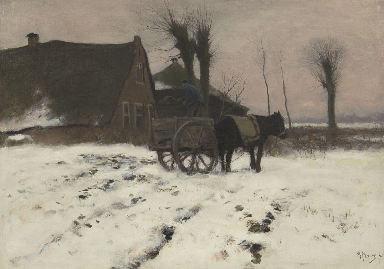 Mauve A.  | Anthonij 'Anton' Mauve, Een sneeuwlandschap met paard en wagen, olieverf op doek 51,7 x 71,2 cm, gesigneerd rechtsonder