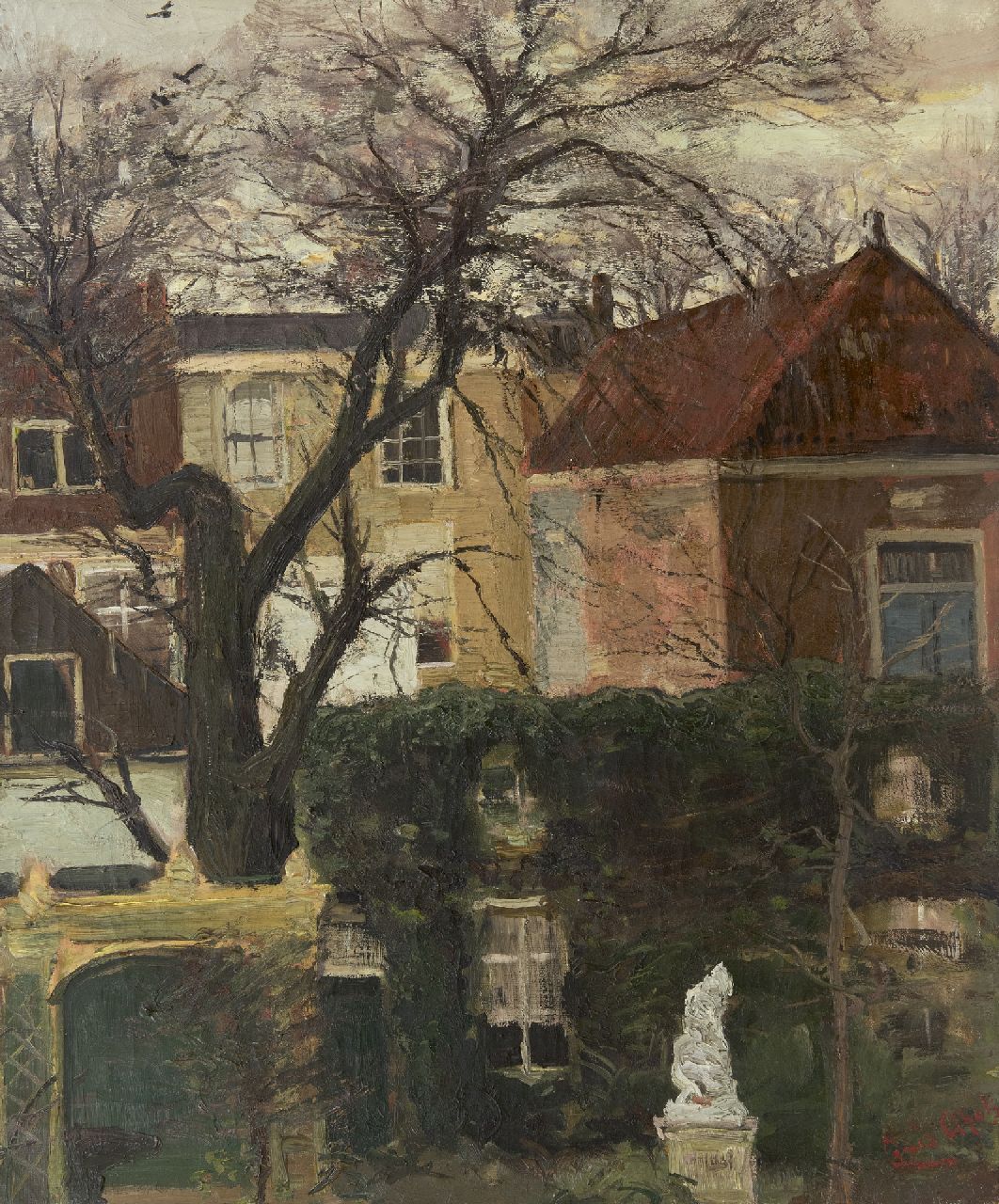 Apol L.F.H.  | Lodewijk Franciscus Hendrik 'Louis' Apol, Uitzicht over achtertuin en huizen, vermoedelijk de Juffrouw Idastraat, Den Haag, olieverf op doek 60,6 x 50,4 cm, gesigneerd rechtsonder