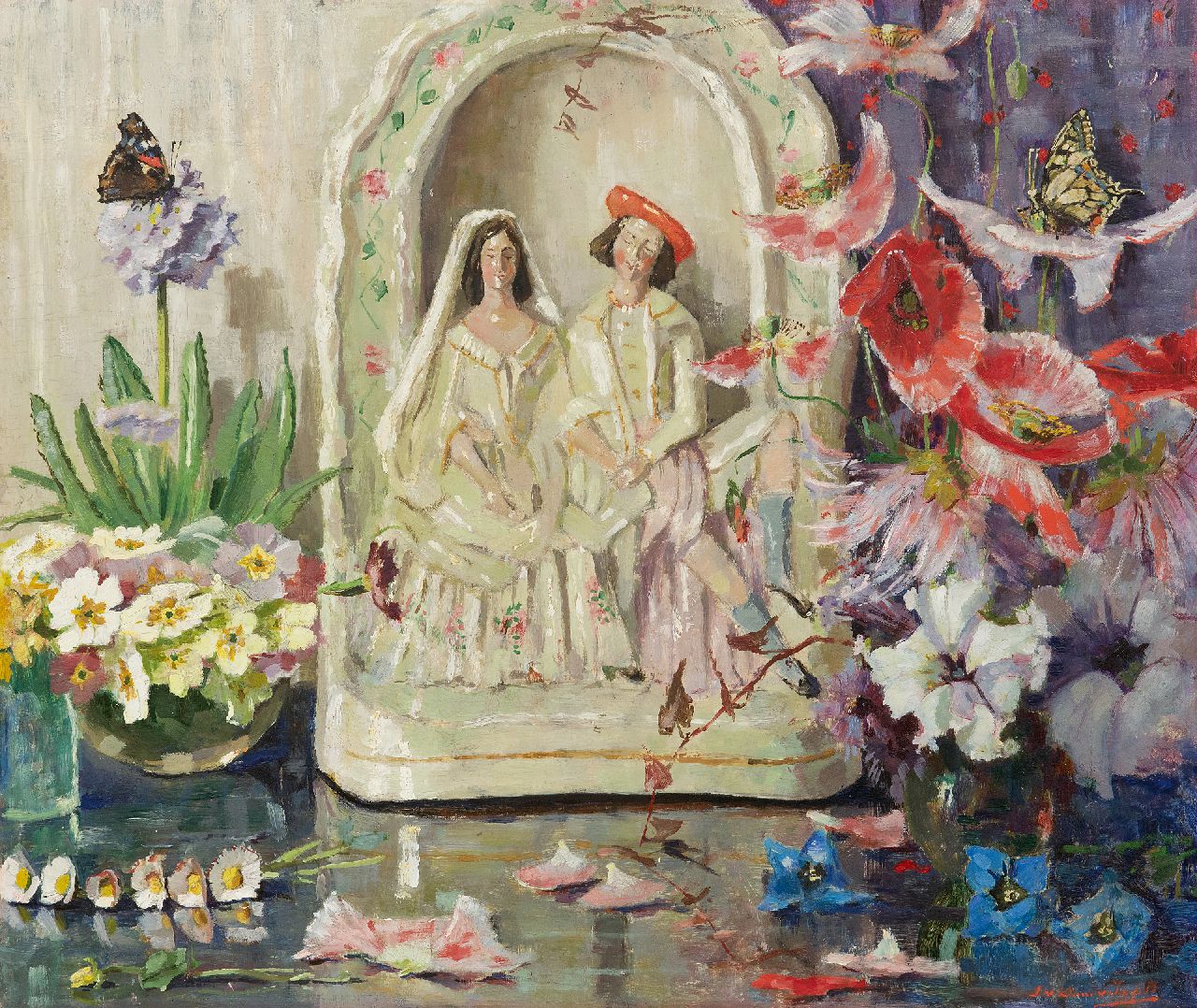 Dam van Isselt L. van | Lucie van Dam van Isselt | Schilderijen te koop aangeboden | Stilleven met bloemen, vlinders en porseleinen huwelijksbeeldje, olieverf op paneel 45,2 x 53,2 cm, gesigneerd rechtsonder Dam van Isselt L. van | Lucie van Dam van Isselt | Schilderijen te koop aangeboden | Stilleven met bloemen, vlinders en porseleinen huwelijksbeeldje, olieverf op paneel 45,2 x 53,2 cm, gesigneerd rechtsonder
