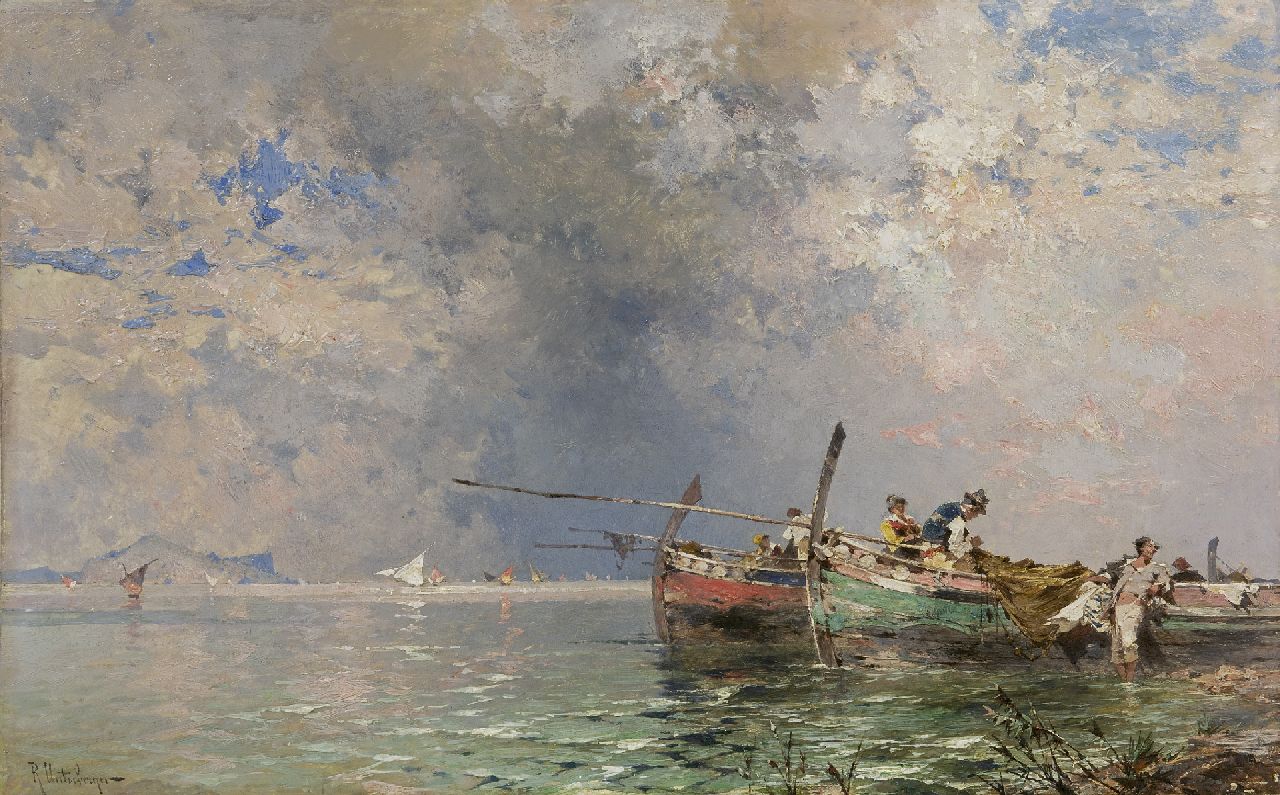 Unterberger F.R.  | Franz Richard Unterberger | Schilderijen te koop aangeboden | Vissers in de baai van Palermo, olieverf op paneel 30,0 x 60,2 cm, gesigneerd linksonder