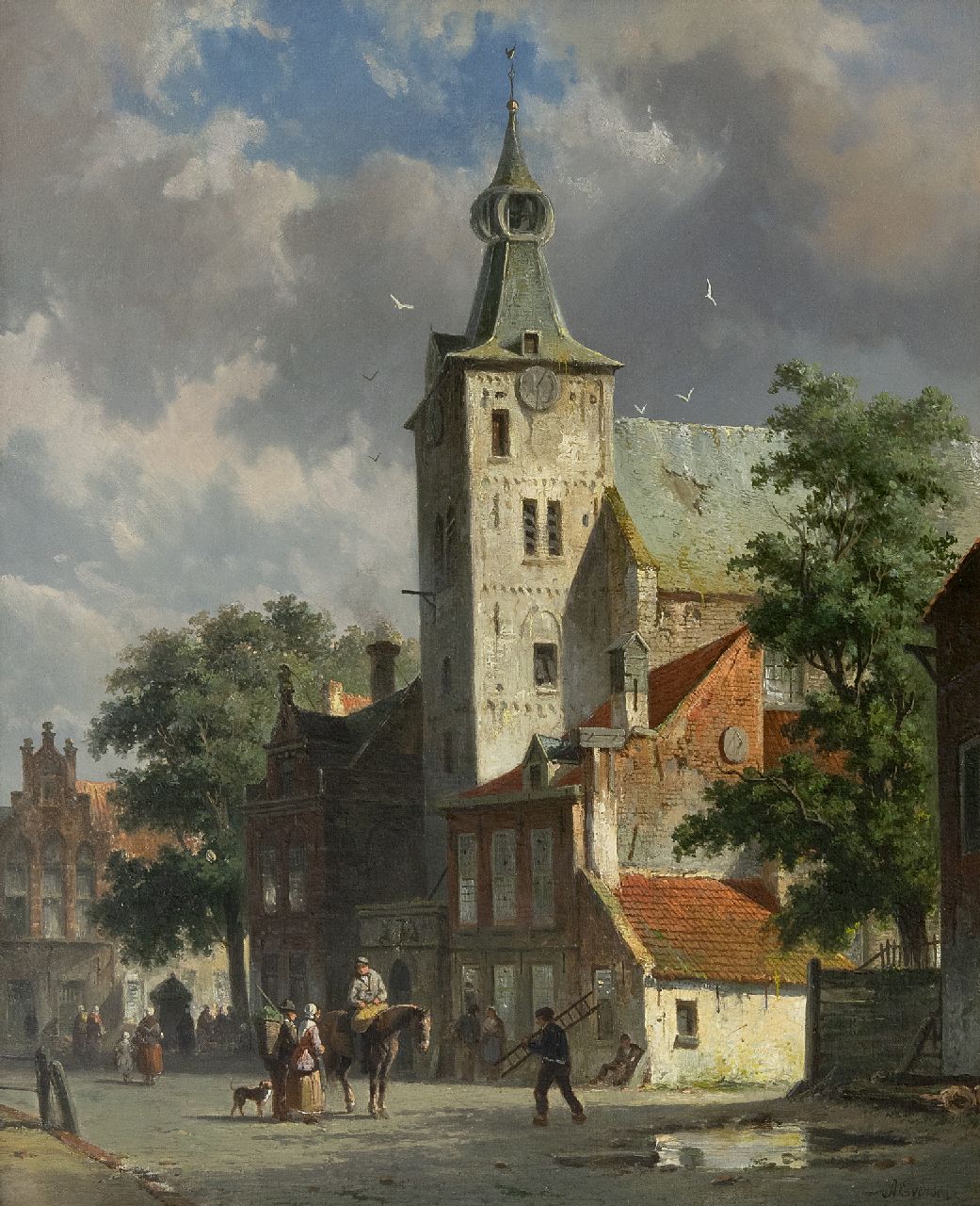 Eversen A. | Adrianus Eversen, Gezicht op de Andreaskerk in Hattem, olieverf op doek 47,8 x 38,7 cm, gesigneerd rechtsonder en verso op etiket Eversen A. | Adrianus Eversen, Gezicht op de Andreaskerk in Hattem, olieverf op doek 47,8 x 38,7 cm, gesigneerd rechtsonder en verso op etiket