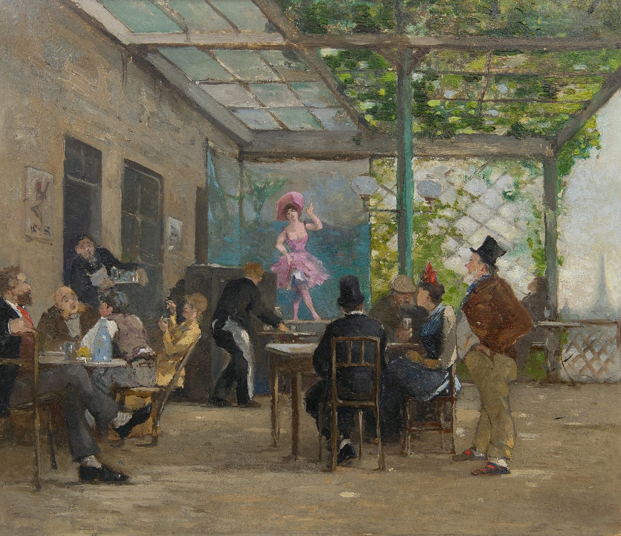 Bloos R.W.  | 'Richard' Willi Bloos | Schilderijen te koop aangeboden | Amusement in de Biergarten, olieverf op paneel 36,4 x 42,6 cm, resten van signatuur r.o.