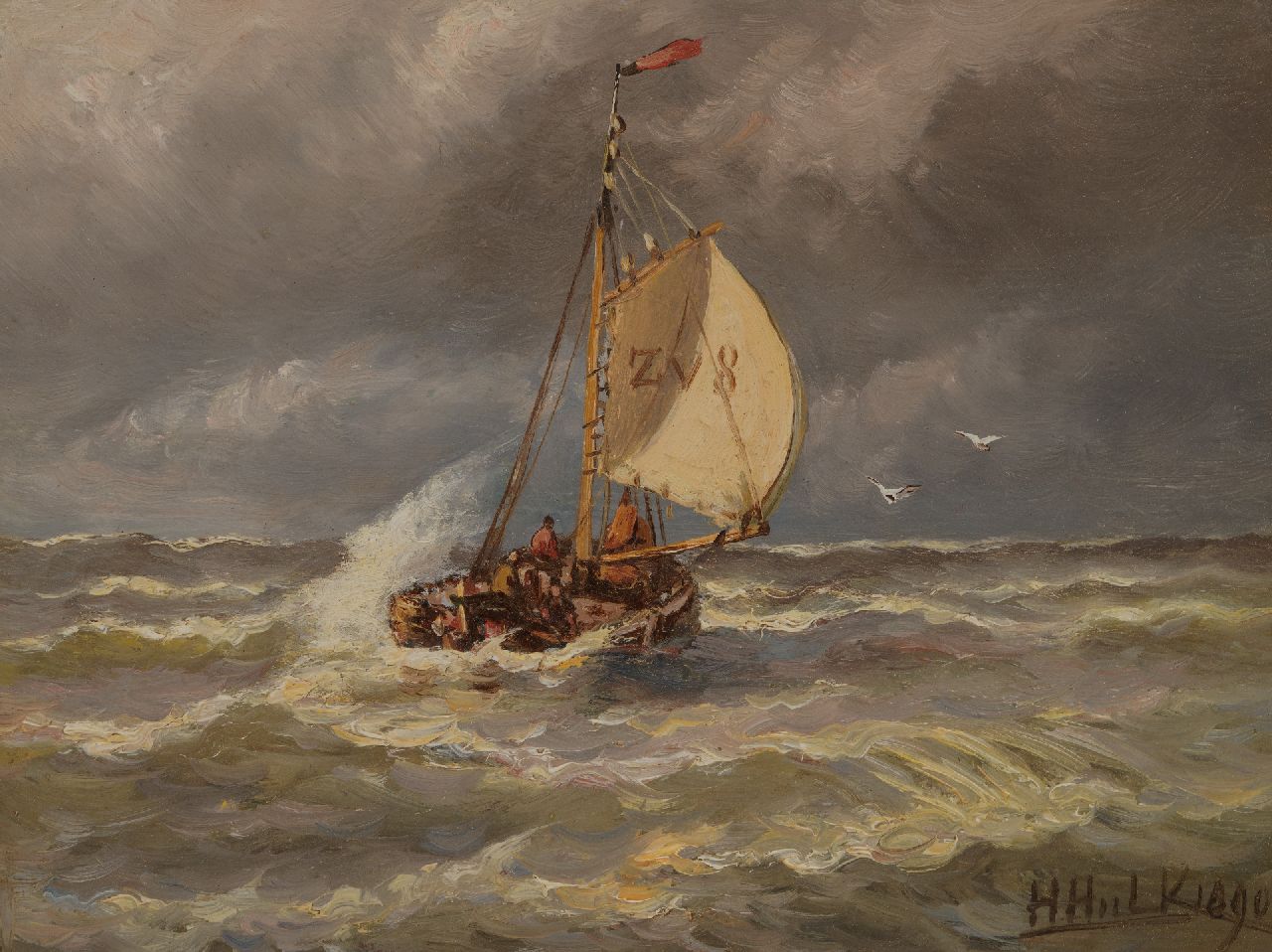 Hulk H.  | Hendrik Hulk, Zeilschip op woelige zee, olieverf op paneel 16,3 x 21,3 cm, gesigneerd rechtsonder en gedateerd 1890