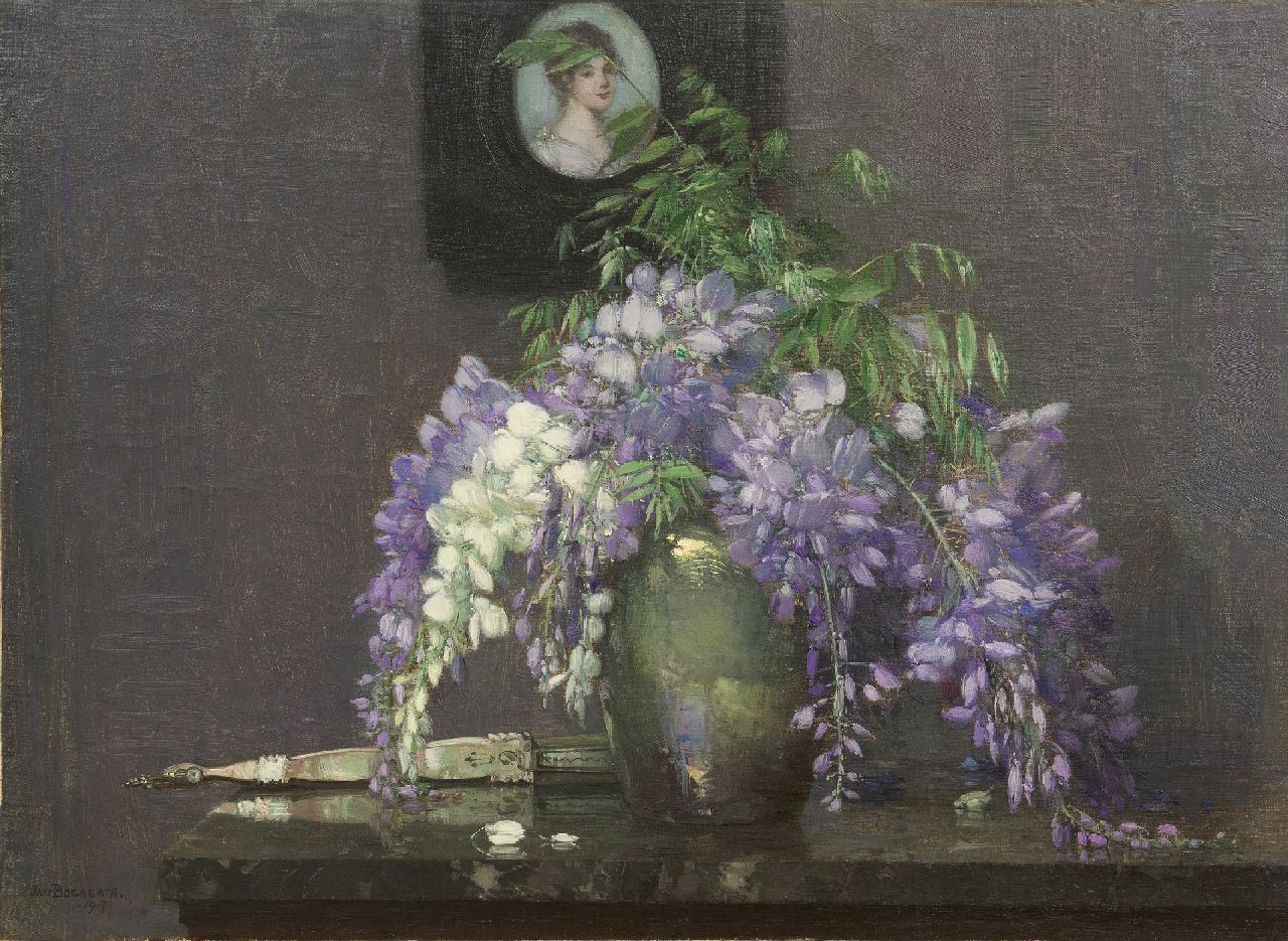 Bogaerts J.J.M. | Johannes Jacobus Maria 'Jan' Bogaerts | Schilderijen te koop aangeboden | Stilleven met wisteria en miniatuurportretje, olieverf op doek 40,3 x 55,1 cm, gesigneerd linksonder en gedateerd 1917 Bogaerts J.J.M. | Johannes Jacobus Maria 'Jan' Bogaerts | Schilderijen te koop aangeboden | Stilleven met wisteria en miniatuurportretje, olieverf op doek 40,3 x 55,1 cm, gesigneerd linksonder en gedateerd 1917