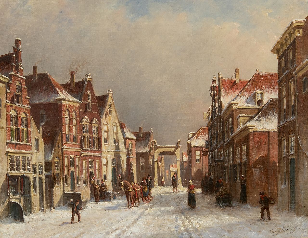 Vertin P.G.  | Petrus Gerardus Vertin | Schilderijen te koop aangeboden | Besneeuwd straatje met ophaalbrug (mogelijk Edam), olieverf op doek 36,3 x 45,5 cm, gesigneerd rechtsonder en gedateerd '86