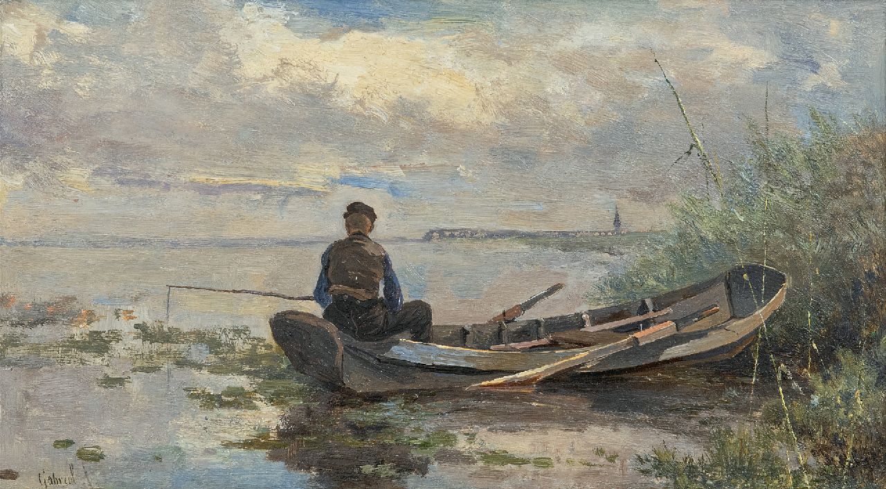 Gabriel P.J.C. | Paul Joseph Constantin 'Constan(t)' Gabriel, Polderlandschap met visser in een bootje, olieverf op paneel 18,9 x 32,7 cm, gesigneerd linksonder Gabriel P.J.C. | Paul Joseph Constantin 'Constan(t)' Gabriel, Polderlandschap met visser in een bootje, olieverf op paneel 18,9 x 32,7 cm, gesigneerd linksonder