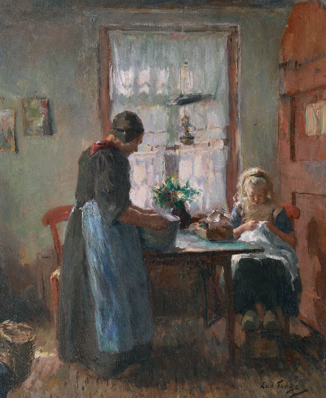 Tonge L.L. van der | 'Lammert' Leire van der Tonge | Schilderijen te koop aangeboden | Larens interieur met vrouw en handwerkend meisje, olieverf op doek 54,3 x 45,2 cm, gesigneerd rechtsonder Tonge L.L. van der | 'Lammert' Leire van der Tonge | Schilderijen te koop aangeboden | Larens interieur met vrouw en handwerkend meisje, olieverf op doek 54,3 x 45,2 cm, gesigneerd rechtsonder