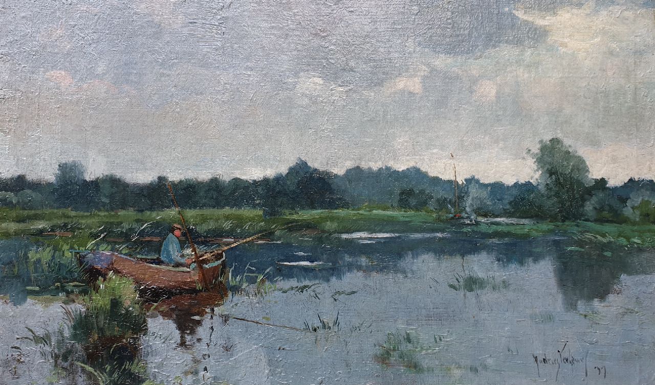 Verleur A. | Andries Verleur | Schilderijen te koop aangeboden | Visser op poldersloot, olieverf op doek op board 35,2 x 59,0 cm, gesigneerd rechtsonder en gedateerd '37, zonder lijst Verleur A. | Andries Verleur | Schilderijen te koop aangeboden | Visser op poldersloot, olieverf op doek op board 35,2 x 59,0 cm, gesigneerd rechtsonder en gedateerd '37, zonder lijst