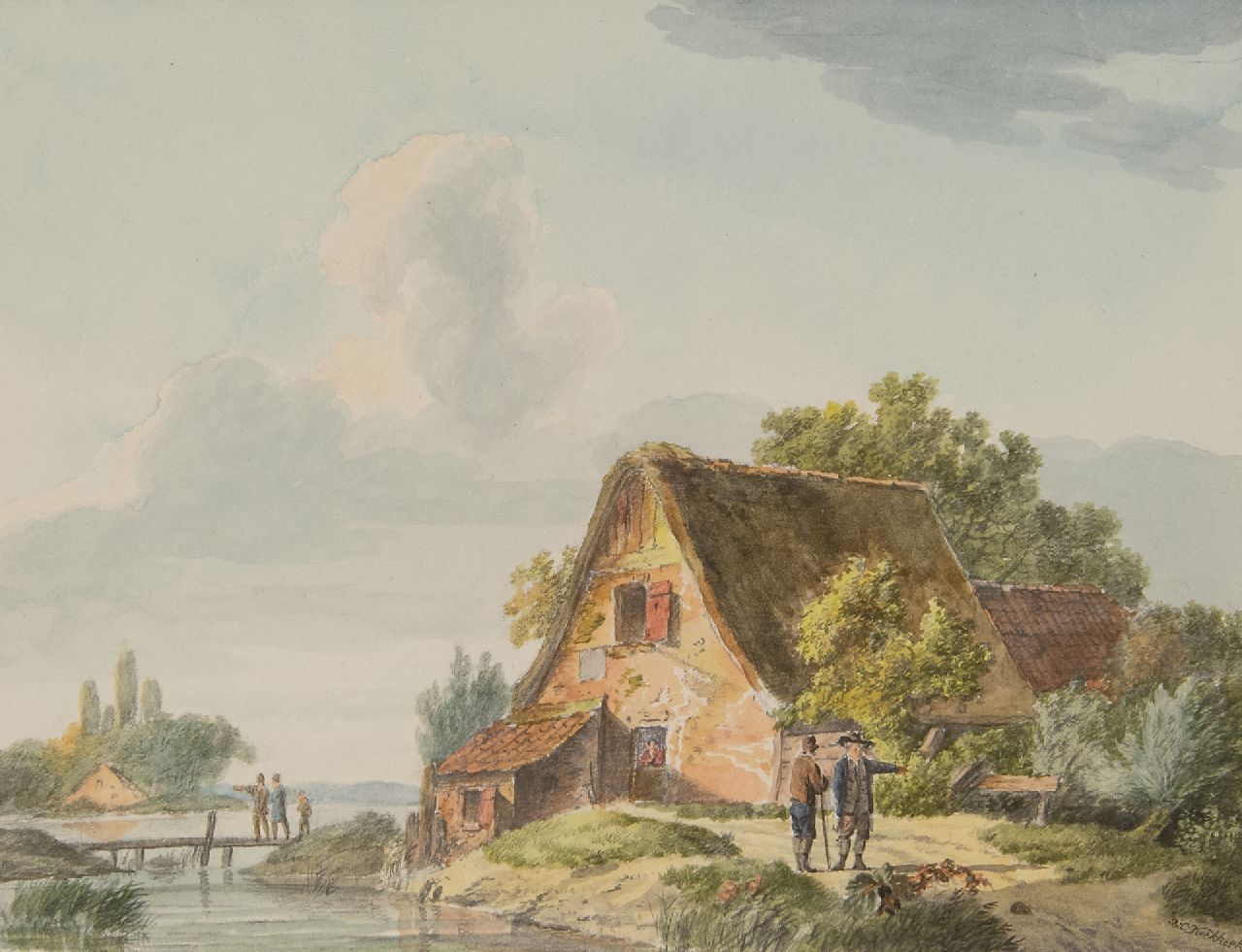 Koekkoek B.C.  | Barend Cornelis Koekkoek, Figuren bij een boerenhuis aan de rivier, aquarel op papier 14,7 x 19,4 cm, gesigneerd rechtsonder