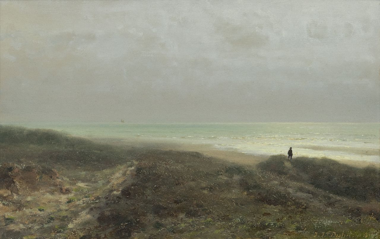 Destrée J.J. | Johannes Josephus Destrée, Duinlandschap met wandelaar uitkijkend over zee, olieverf op paneel 27,6 x 43,8 cm, gesigneerd rechtsonder en gedateerd 1879 Destrée J.J. | Johannes Josephus Destrée, Duinlandschap met wandelaar uitkijkend over zee, olieverf op paneel 27,6 x 43,8 cm, gesigneerd rechtsonder en gedateerd 1879