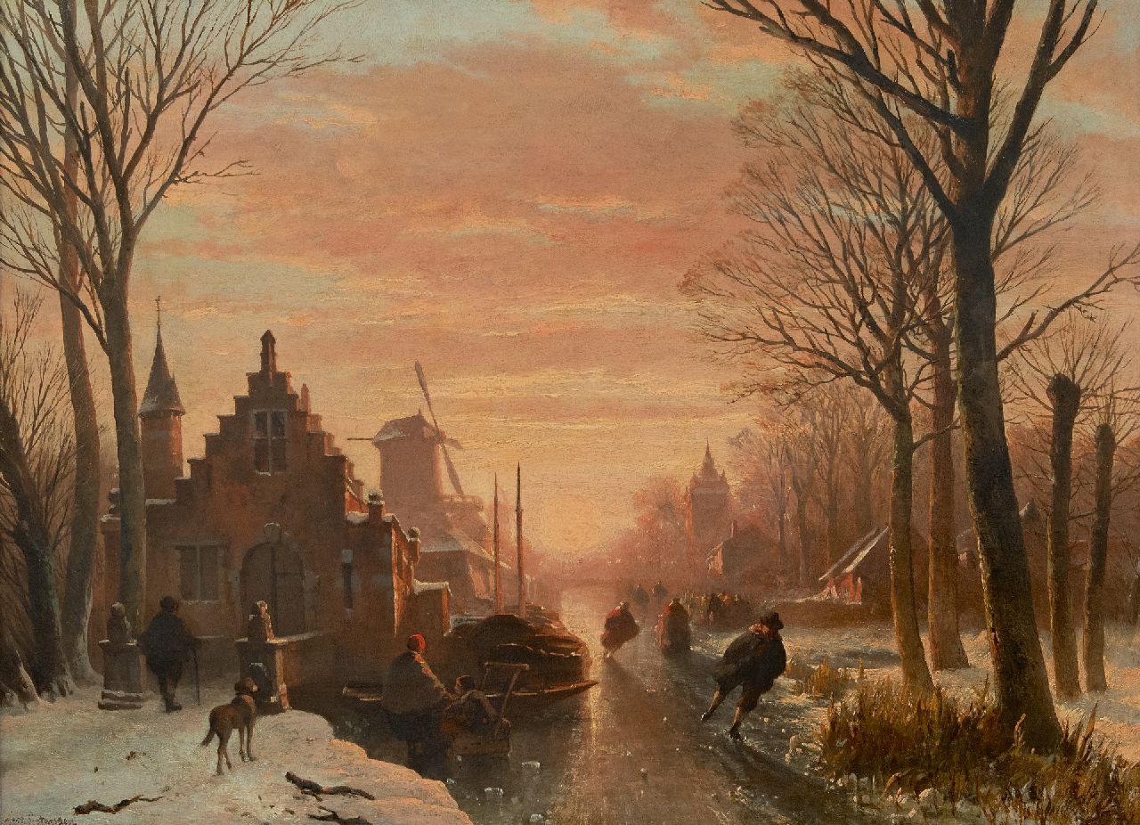 Wayen Pieterszen A. van der | Abraham van der Wayen Pieterszen, Schaatsers op een stadsgracht bij ondergaande zon, olieverf op paneel 43,3 x 59,3 cm, gesigneerd linksonder