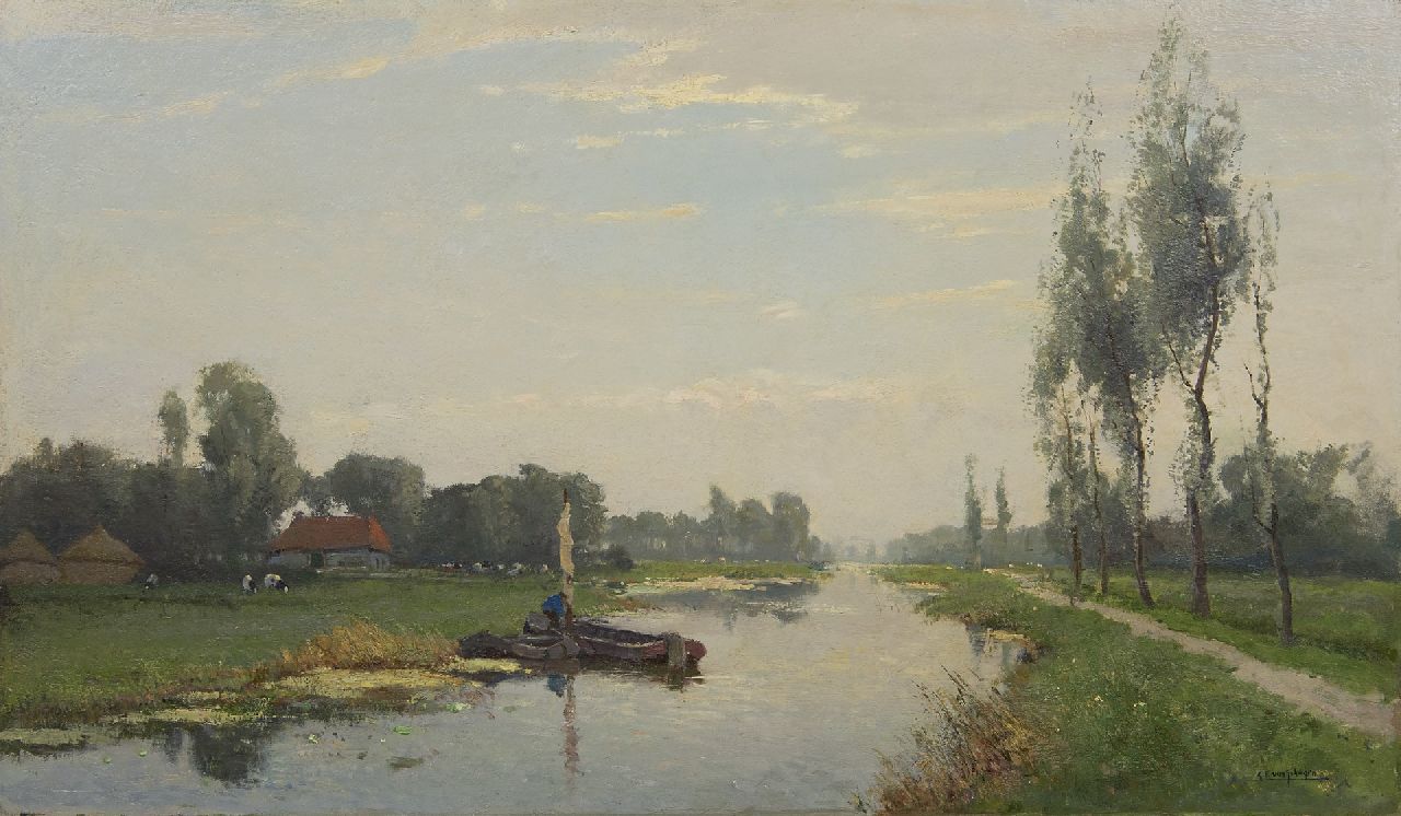 Schagen G.F. van | Gerbrand Frederik van Schagen, Vroege ochtend langs de vaart, olieverf op doek 65,7 x 110,3 cm, gesigneerd rechtsonder Schagen G.F. van | Gerbrand Frederik van Schagen, Vroege ochtend langs de vaart, olieverf op doek 65,7 x 110,3 cm, gesigneerd rechtsonder