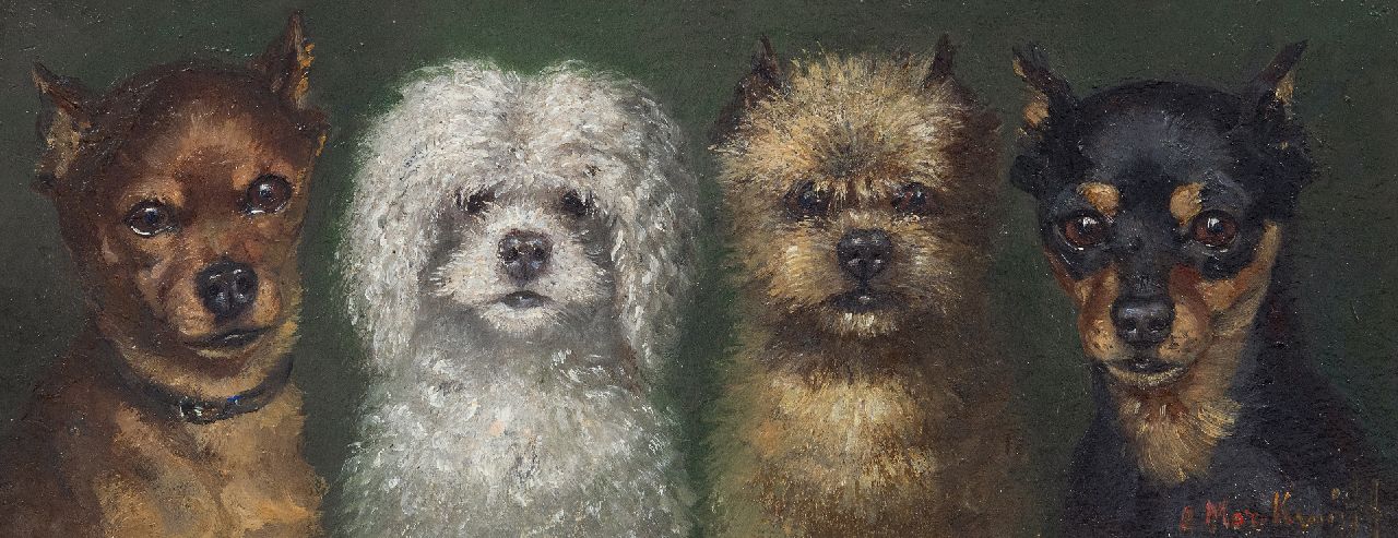 Kruijff A.M. | Anna Maria Kruijff, Vier kleine honden, olieverf op paneel 14,6 x 36,0 cm, gesigneerd rechtsonder Kruijff A.M. | Anna Maria Kruijff, Vier kleine honden, olieverf op paneel 14,6 x 36,0 cm, gesigneerd rechtsonder
