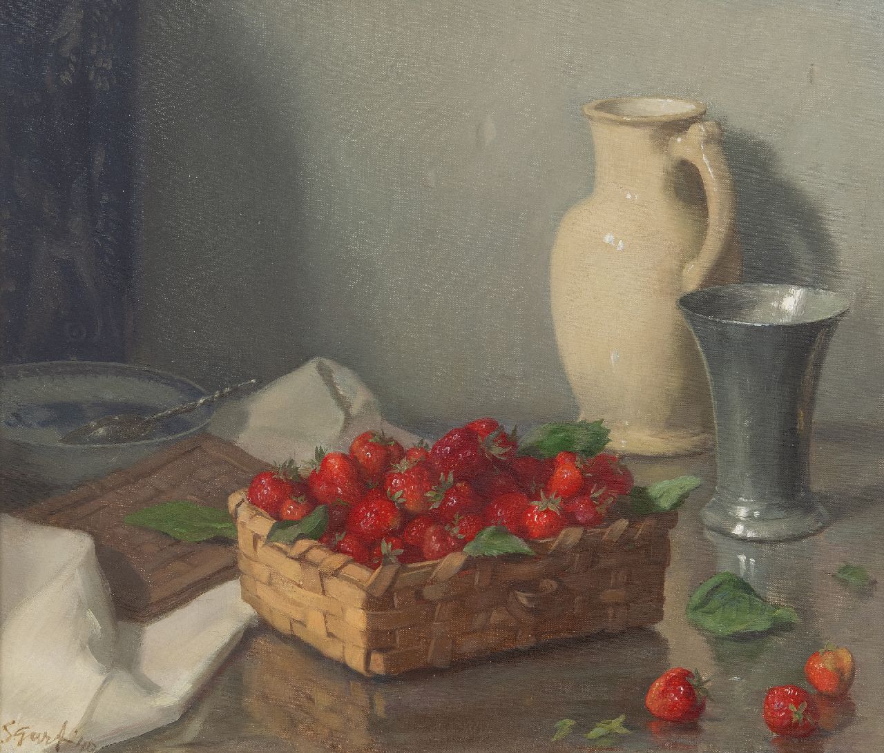 Garf S.  | Salomon Garf | Schilderijen te koop aangeboden | Stilleven met aardbeien in een mand, olieverf op doek 48,7 x 56,4 cm, gesigneerd linksonder en gedateerd '40