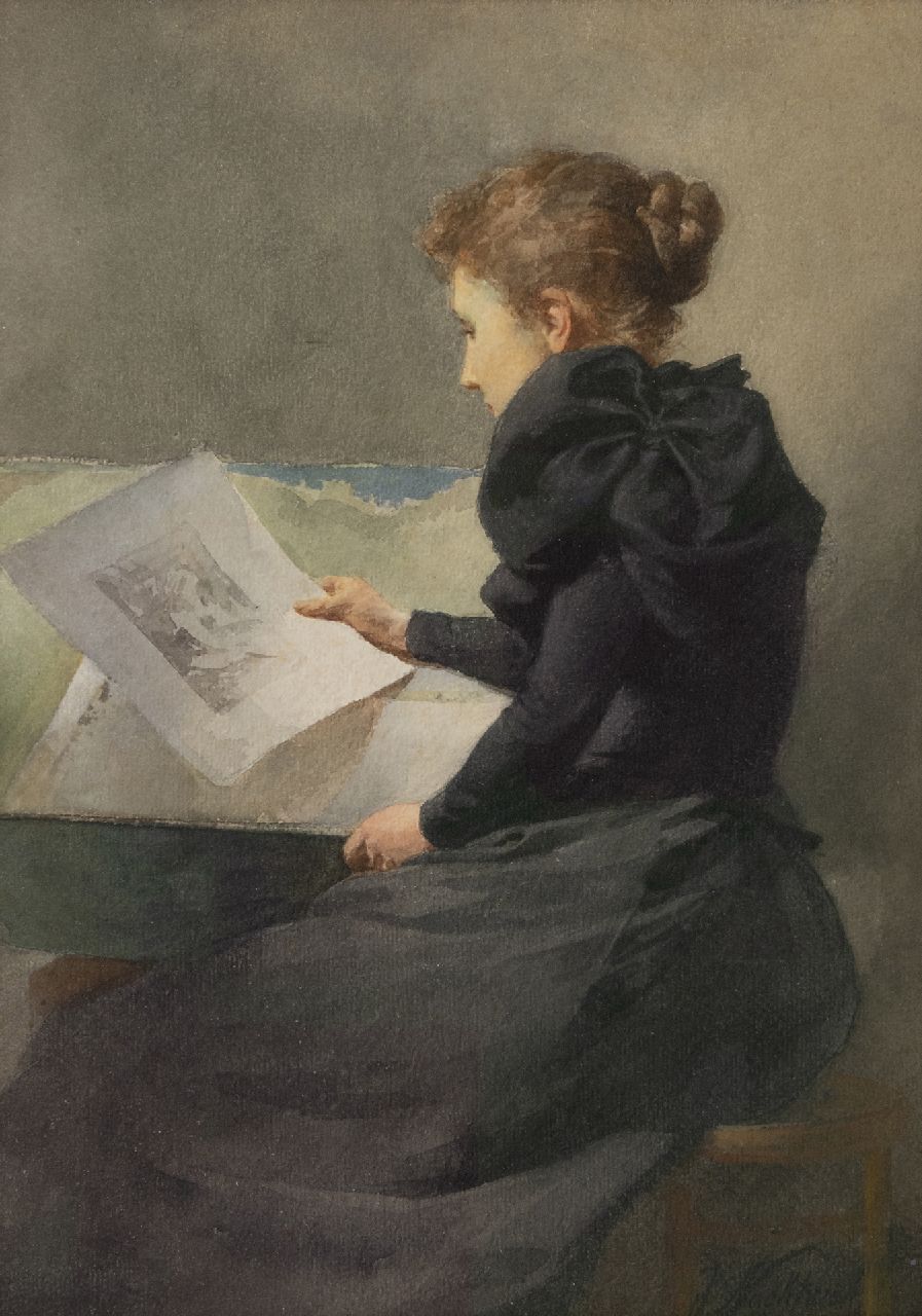 Nachtweh J.H.F.C.  | Johannes Hendrik 'Frederik' Coenraad Nachtweh | Aquarellen en tekeningen te koop aangeboden | Het beoordelen van de tekening (mogelijk echtgenote van de schilder), aquarel op papier 35,3 x 25,0 cm, gesigneerd rechtsonder
