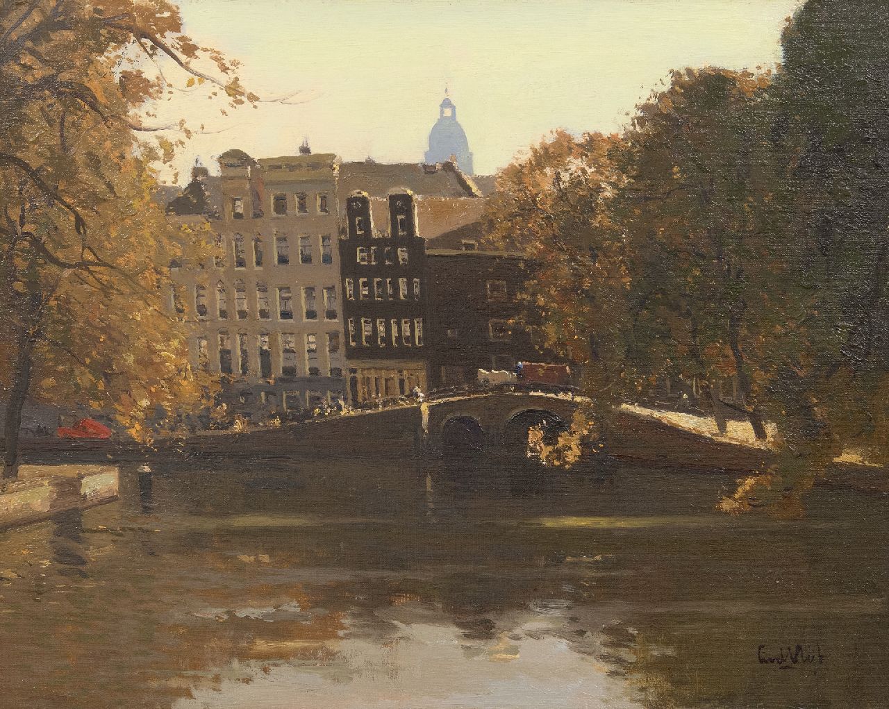 Vlist L. van der | Leendert van der Vlist | Schilderijen te koop aangeboden | Gezicht op de Herengracht in Amsterdam met de koepel van Metz & Co, olieverf op doek 40,4 x 50,5 cm, gesigneerd rechtsonder