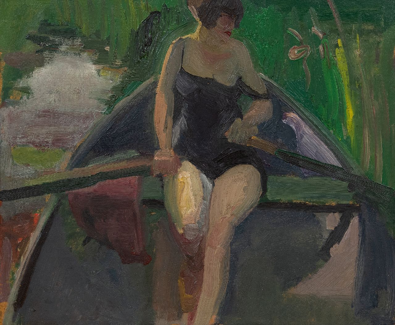 Kuijten H.J.  | Henricus Johannes 'Harrie' Kuijten, De vrouw van de kunstenaar, Leni, roeiend op een zomerdag, olieverf op board op paneel 37,9 x 45,8 cm, gesigneerd linksonder en te dateren ca. 1928