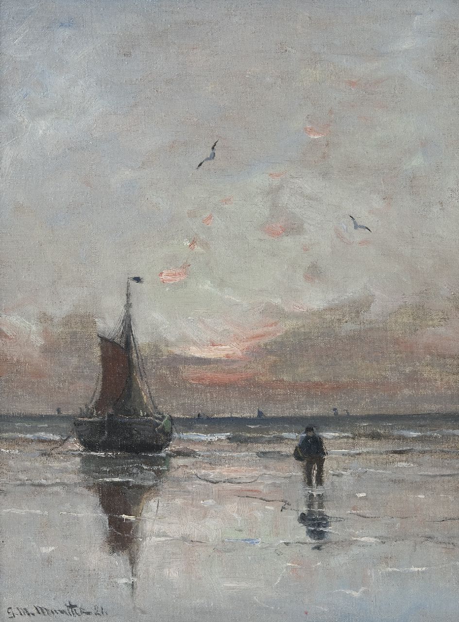 Munthe G.A.L.  | Gerhard Arij Ludwig 'Morgenstjerne' Munthe, Bomschuit voor anker bij zonsondergang, olieverf op doek 40,4 x 30,2 cm, gesigneerd linksonder en gedateerd '21