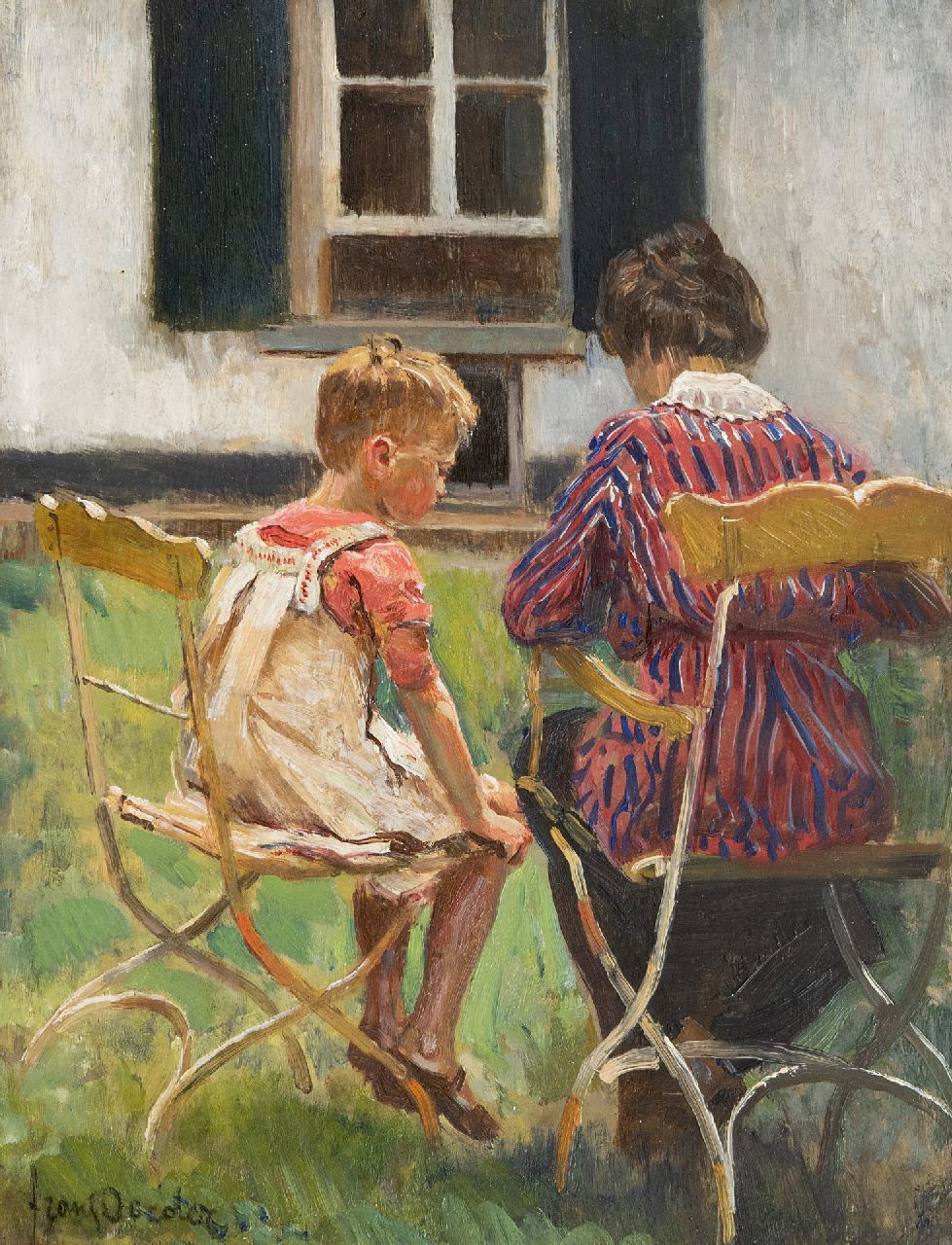 Oerder F.D. | 'Frans' David Oerder, Moeder en dochter in de tuin, olieverf op paneel 37,1 x 28,5 cm, gesigneerd linksonder Oerder F.D. | 'Frans' David Oerder, Moeder en dochter in de tuin, olieverf op paneel 37,1 x 28,5 cm, gesigneerd linksonder