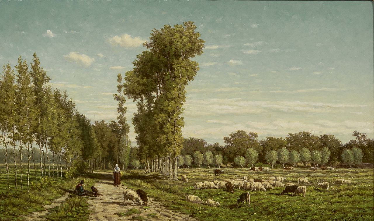 Lokhorst J.N. van | Johan Nicolaas 'Jan' van Lokhorst | Schilderijen te koop aangeboden | Schaapherder rustend langs een populierenlaantje (pendant), olieverf op paneel 27,4 x 45,6 cm, gesigneerd rechtsonder en gedateerd 1867