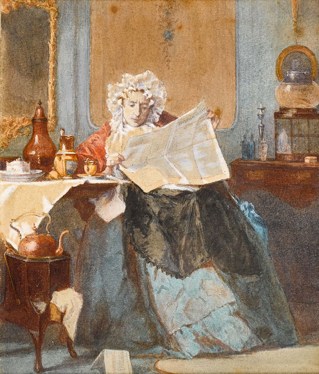 Bakker Korff A.H.  | Alexander Hugo Bakker Korff, De ochtendkrant, aquarel op papier 17,5 x 14,7 cm