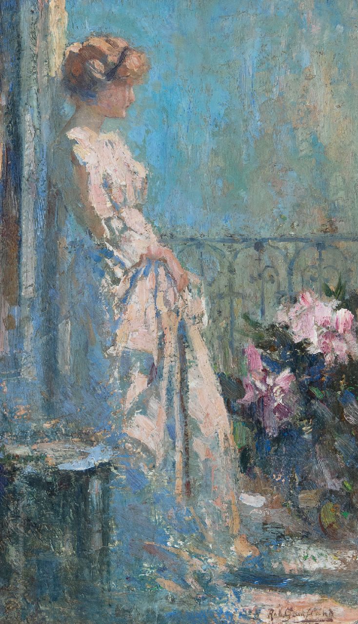 Graafland R.A.A.J. | Robert Archibald Antonius Joan 'Rob' Graafland, Mijmering op het terras, olieverf op doek op board 44,8 x 26,2 cm, gesigneerd rechtsonder en gedateerd 1915 Graafland R.A.A.J. | Robert Archibald Antonius Joan 'Rob' Graafland, Mijmering op het terras, olieverf op doek op board 44,8 x 26,2 cm, gesigneerd rechtsonder en gedateerd 1915