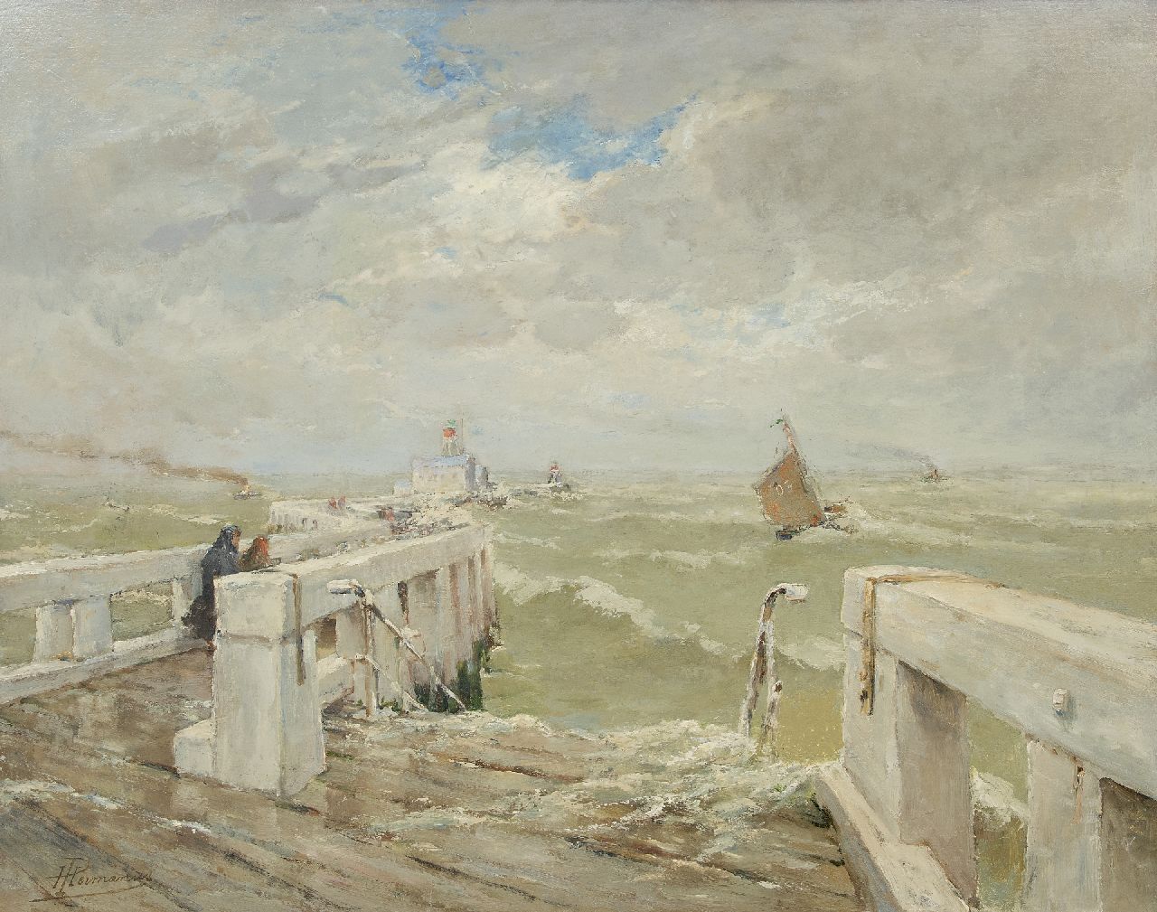 Hermanus P.F.  | 'Paul' François Hermanus, Figuren op een pier bij een vuurtoren in woelige branding, olieverf op doek 74,0 x 95,0 cm, gesigneerd linksonder