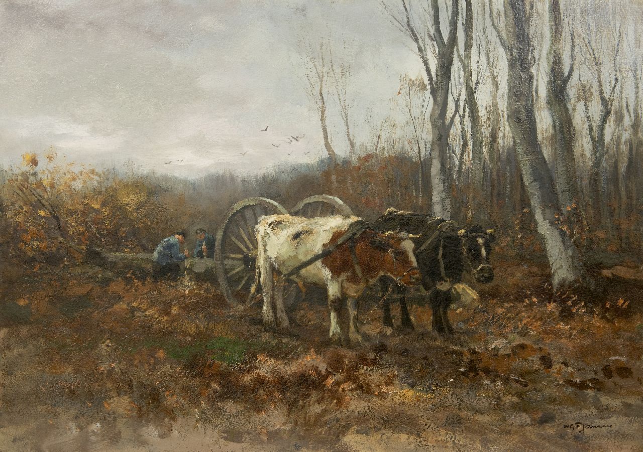 Jansen W.G.F. | 'Willem' George Frederik Jansen, Ossen voor een mallejan, olieverf op doek 71,2 x 101,2 cm, gesigneerd rechtsonder Jansen W.G.F. | 'Willem' George Frederik Jansen, Ossen voor een mallejan, olieverf op doek 71,2 x 101,2 cm, gesigneerd rechtsonder