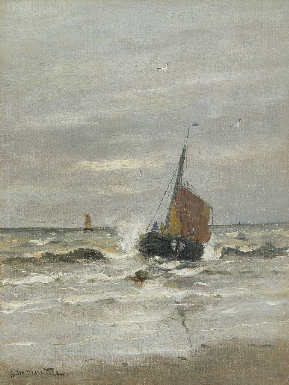 Munthe G.A.L. | Gerhard Arij Ludwig 'Morgenstjerne' Munthe, De terugkeer van de 'KW9' op het strand van Katwijk, olieverf op doek 40,4 x 30,8 cm, gesigneerd linksonder Munthe G.A.L. | Gerhard Arij Ludwig 'Morgenstjerne' Munthe, De terugkeer van de 'KW9' op het strand van Katwijk, olieverf op doek 40,4 x 30,8 cm, gesigneerd linksonder