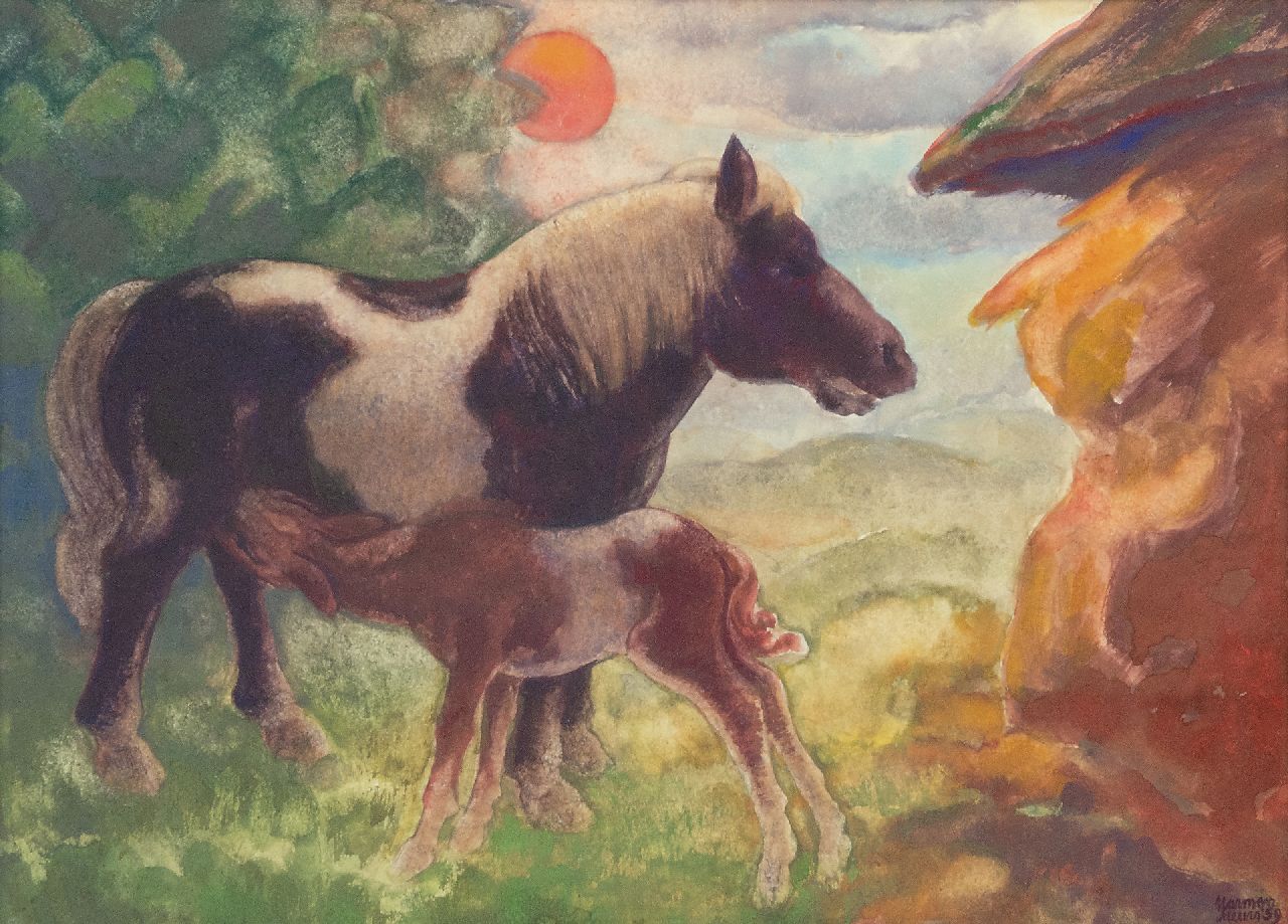 Meurs H.H. | 'Harmen' Hermanus Meurs | Aquarellen en tekeningen te koop aangeboden | De nieuwe dag, gouache op papier 50,2 x 69,8 cm, gesigneerd rechtsonder en gedateerd '59 Meurs H.H. | 'Harmen' Hermanus Meurs | Aquarellen en tekeningen te koop aangeboden | De nieuwe dag, gouache op papier 50,2 x 69,8 cm, gesigneerd rechtsonder en gedateerd '59