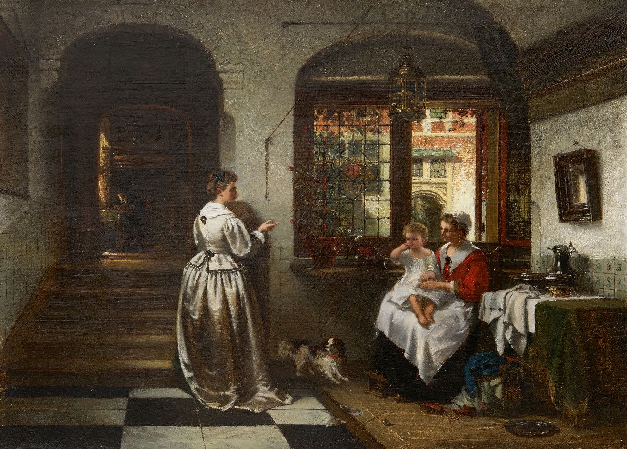 Johannes Anthonie Balthasar Stroebel | Oudhollands interieur met figuren, olieverf op doek, 46,2 x 61,6 cm, gesigneerd l.o. Johannes Anthonie Balthasar Stroebel | Oudhollands interieur met figuren, olieverf op doek, 46,2 x 61,6 cm, gesigneerd l.o.