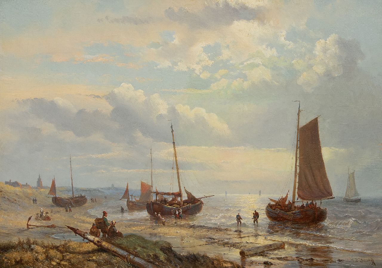 Opdenhoff G.W. | Witzel 'George Willem' Opdenhoff, Visserspinken en vissersvolk op het strand van Scheveningen, olieverf op doek 47,5 x 66,8 cm, gesigneerd rechtsonder Opdenhoff G.W. | Witzel 'George Willem' Opdenhoff, Visserspinken en vissersvolk op het strand van Scheveningen, olieverf op doek 47,5 x 66,8 cm, gesigneerd rechtsonder