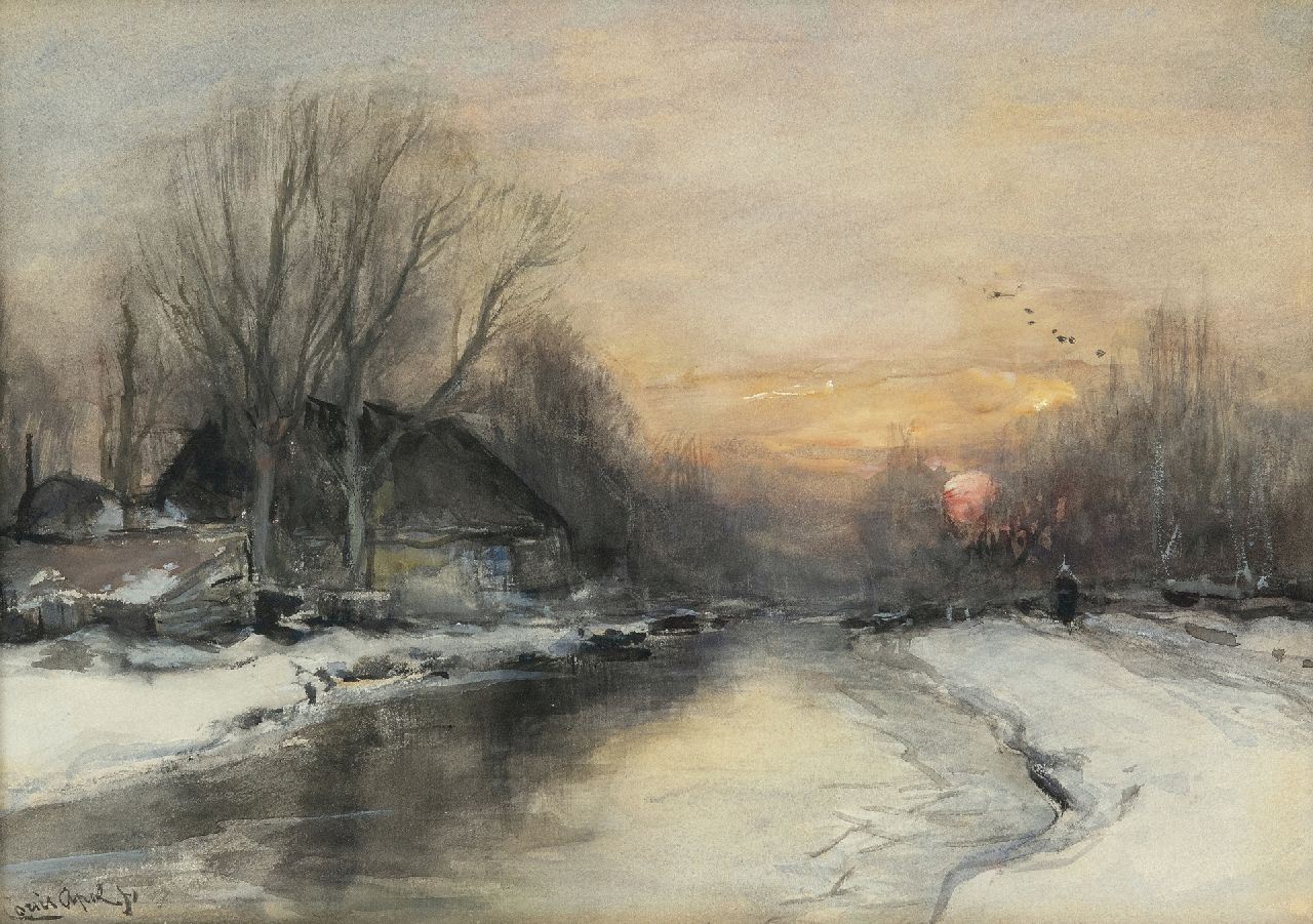 Apol L.F.H.  | Lodewijk Franciscus Hendrik 'Louis' Apol, Besneeuwde rivieroever bij zonsondergang, aquarel op papier 25,3 x 35,4 cm, gesigneerd linksonder