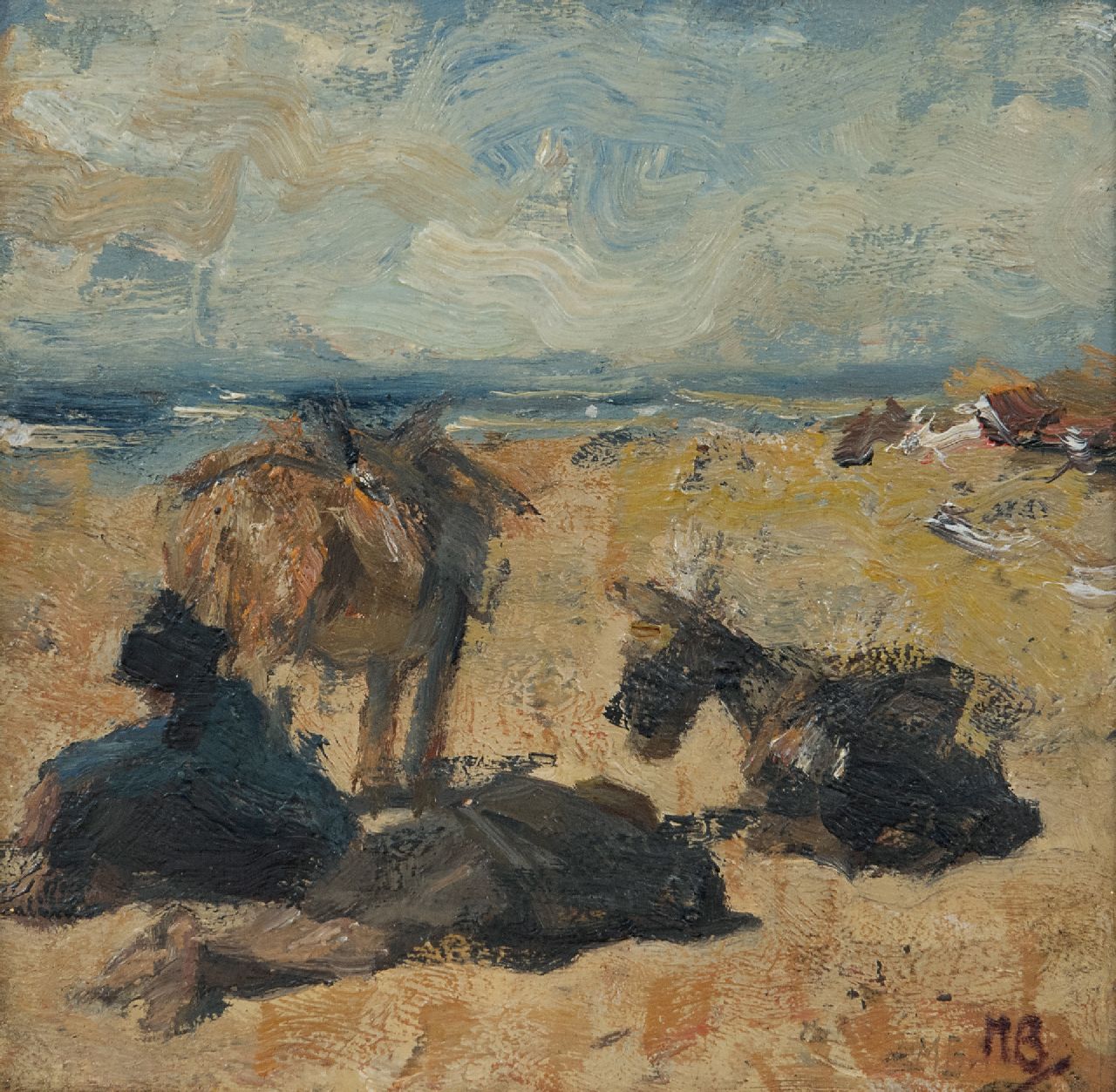 Bauer M.A.J. | 'Marius' Alexander Jacques Bauer, Rustende ezels en ezeldrijver op het strand, olieverf op paneel 18,5 x 18,6 cm, gesigneerd rechtsonder met initialen Bauer M.A.J. | 'Marius' Alexander Jacques Bauer, Rustende ezels en ezeldrijver op het strand, olieverf op paneel 18,5 x 18,6 cm, gesigneerd rechtsonder met initialen