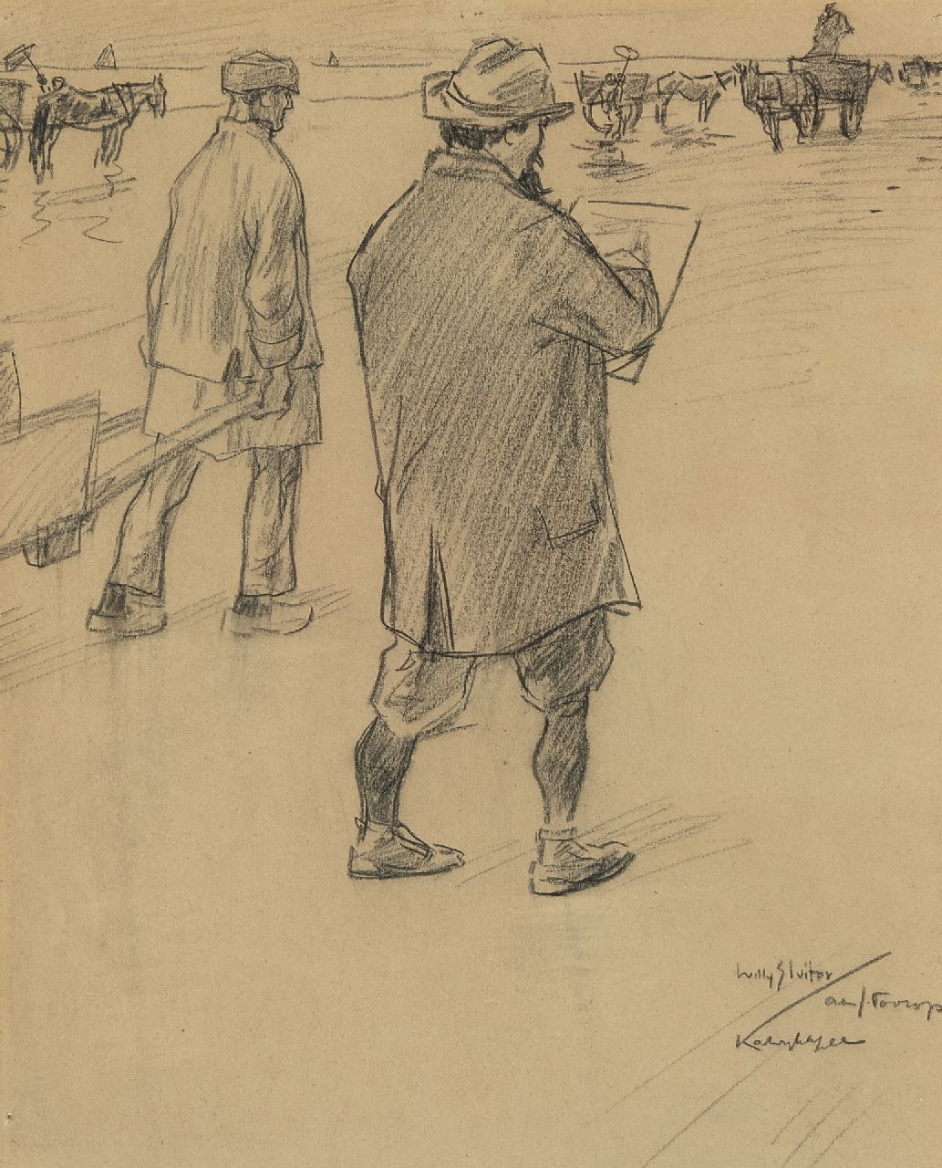 Sluiter J.W.  | Jan Willem 'Willy' Sluiter | Aquarellen en tekeningen te koop aangeboden | Jan Toorop schetsend op het strand van Katwijk aan Zee, zwart krijt op papier 32,6 x 27,0 cm, gesigneerd rechtsonder en te dateren ca. 1898