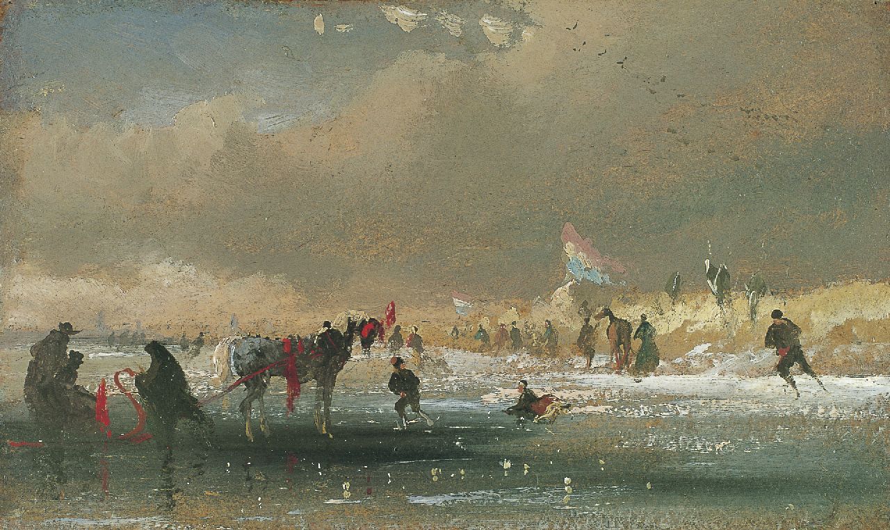 Tavenraat J. | Johannes Tavenraat, Arrenslee en schaatsers op het ijs, olieverf op paneel 17,0 x 28,0 cm Tavenraat J. | Johannes Tavenraat, Arrenslee en schaatsers op het ijs, olieverf op paneel 17,0 x 28,0 cm