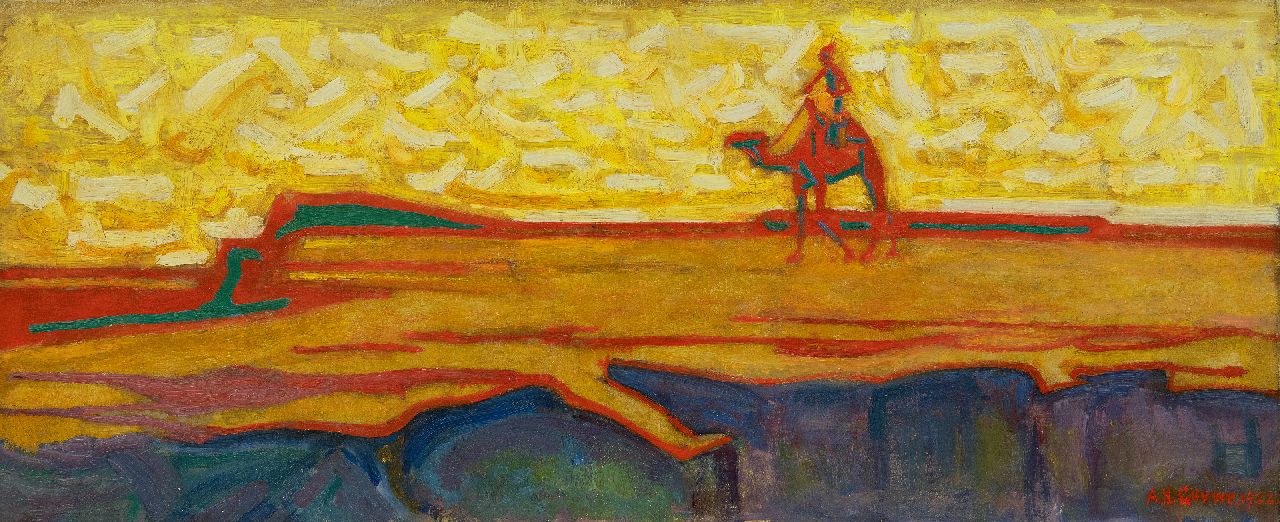 Gouwe A.H.  | Adriaan Herman Gouwe, Kamelenruiter in woestijnlandschap, olieverf op doek 33,5 x 80,0 cm, gesigneerd rechtsonder en gedateerd 1922
