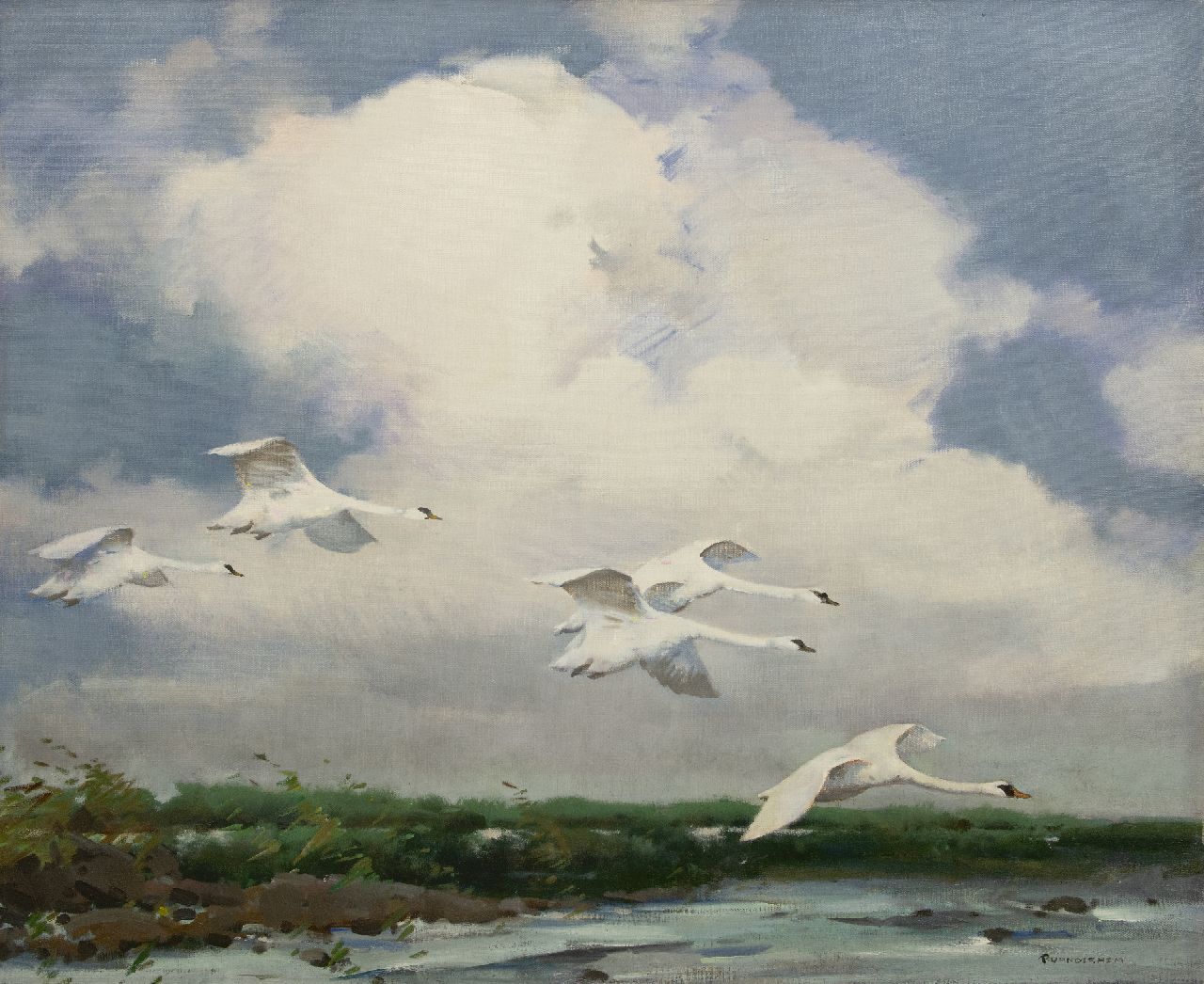 Hem P. van der | Pieter 'Piet' van der Hem, Vliegende knobbelzwanen boven het water, olieverf op doek 101,2 x 123,2 cm, gesigneerd rechtsonder Hem P. van der | Pieter 'Piet' van der Hem, Vliegende knobbelzwanen boven het water, olieverf op doek 101,2 x 123,2 cm, gesigneerd rechtsonder