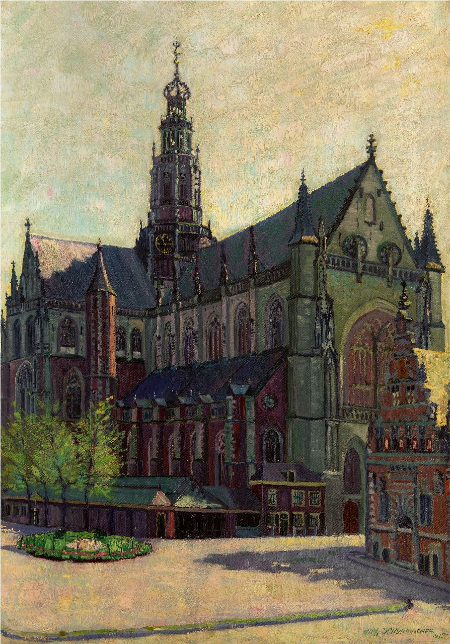 Schuhmacher W.G.C.  | Wijtze Gerrit Carel 'Wim' Schuhmacher | Schilderijen te koop aangeboden | De Grote of St. Bavokerk in Haarlem, olieverf op doek 82,5 x 57,4 cm, gesigneerd rechtsonder en gedateerd 1915