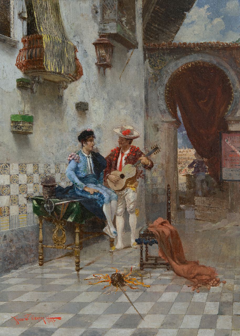 Pellegrini R. | Riccardo Pellegrini | Schilderijen te koop aangeboden | Voor de corrida, olieverf op doek op board 54,4 x 39,5 cm, gesigneerd linksonder en gedateerd 1890, zonder lijst Pellegrini R. | Riccardo Pellegrini | Schilderijen te koop aangeboden | Voor de corrida, olieverf op doek op board 54,4 x 39,5 cm, gesigneerd linksonder en gedateerd 1890, zonder lijst