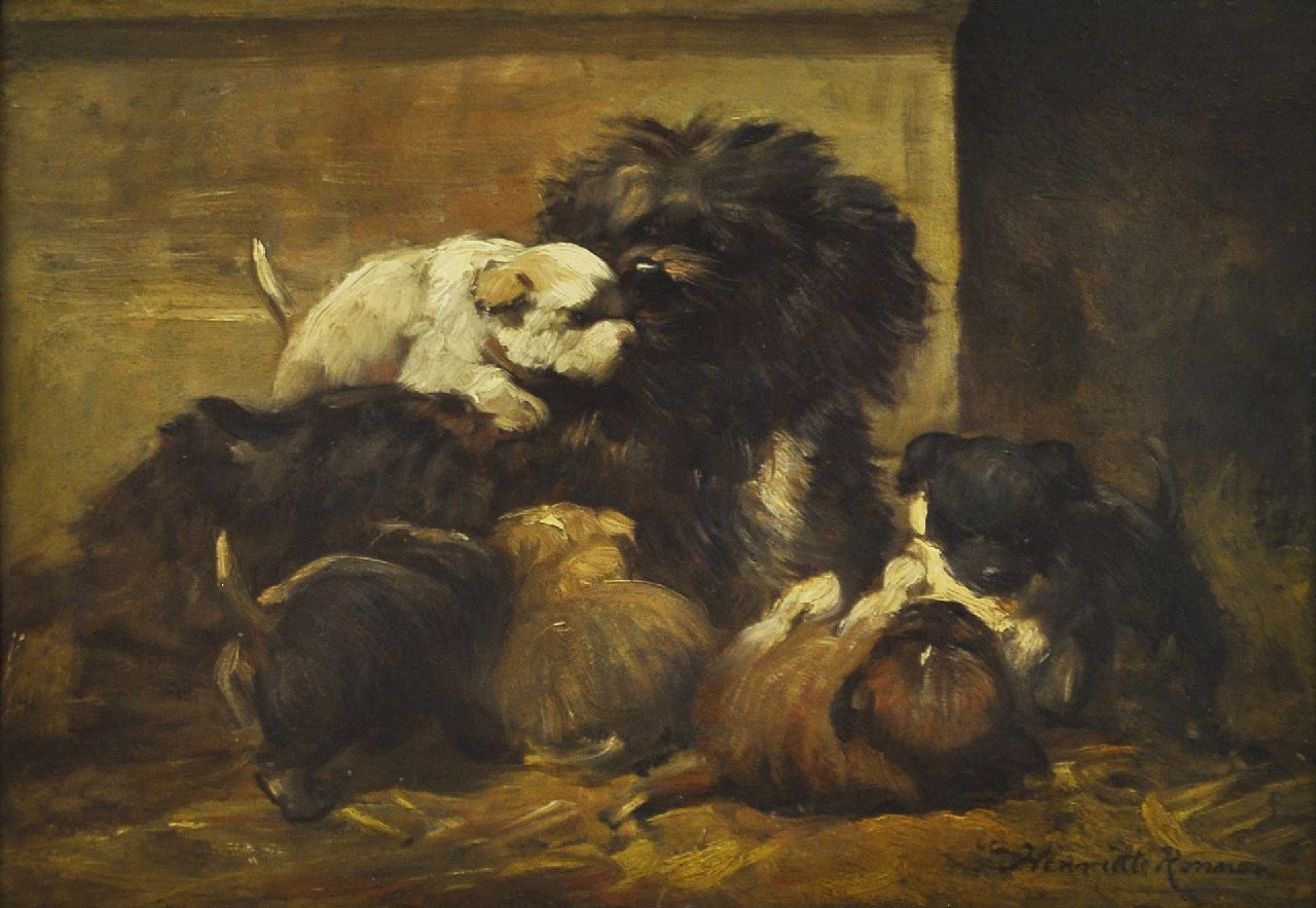 Ronner-Knip H. | Henriette Ronner-Knip, Honden, olieverf op paneel 28,0 x 39,5 cm, gesigneerd rechtsonder Ronner-Knip H. | Henriette Ronner-Knip, Honden, olieverf op paneel 28,0 x 39,5 cm, gesigneerd rechtsonder