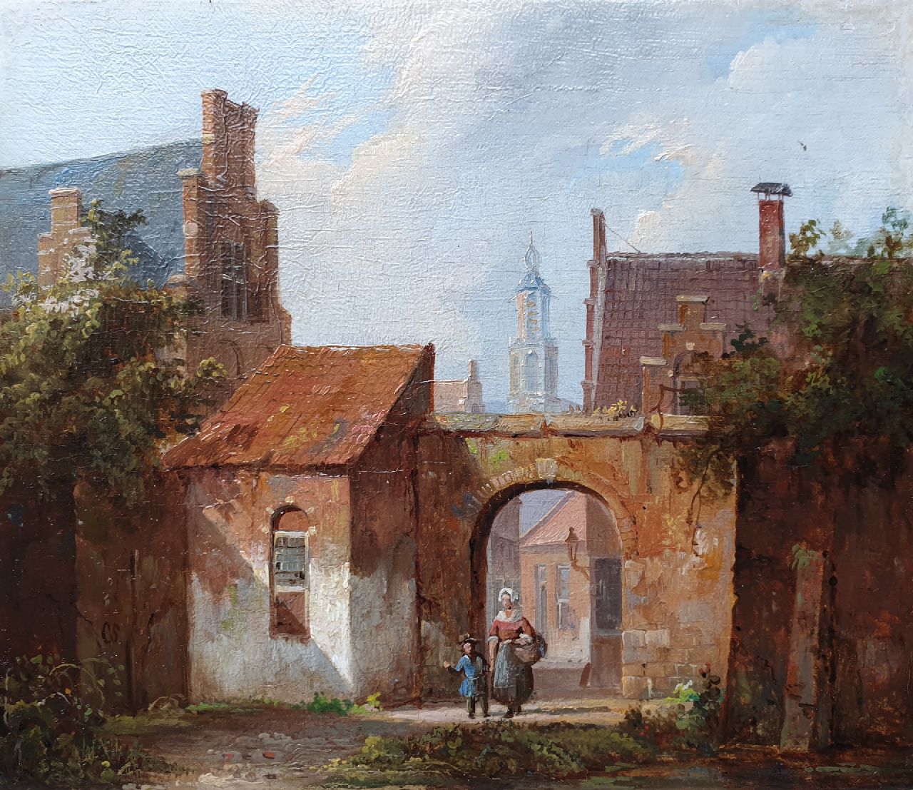 Springer C. | Cornelis Springer, Zonnig stadgezicht met poortje, olieverf op paneel 13,7 x 16,1 cm, gesigneerd linksonder met monogram en verso op etiket voluit en te dateren ca. 1838 Springer C. | Cornelis Springer, Zonnig stadgezicht met poortje, olieverf op paneel 13,7 x 16,1 cm, gesigneerd linksonder met monogram en verso op etiket voluit en te dateren ca. 1838