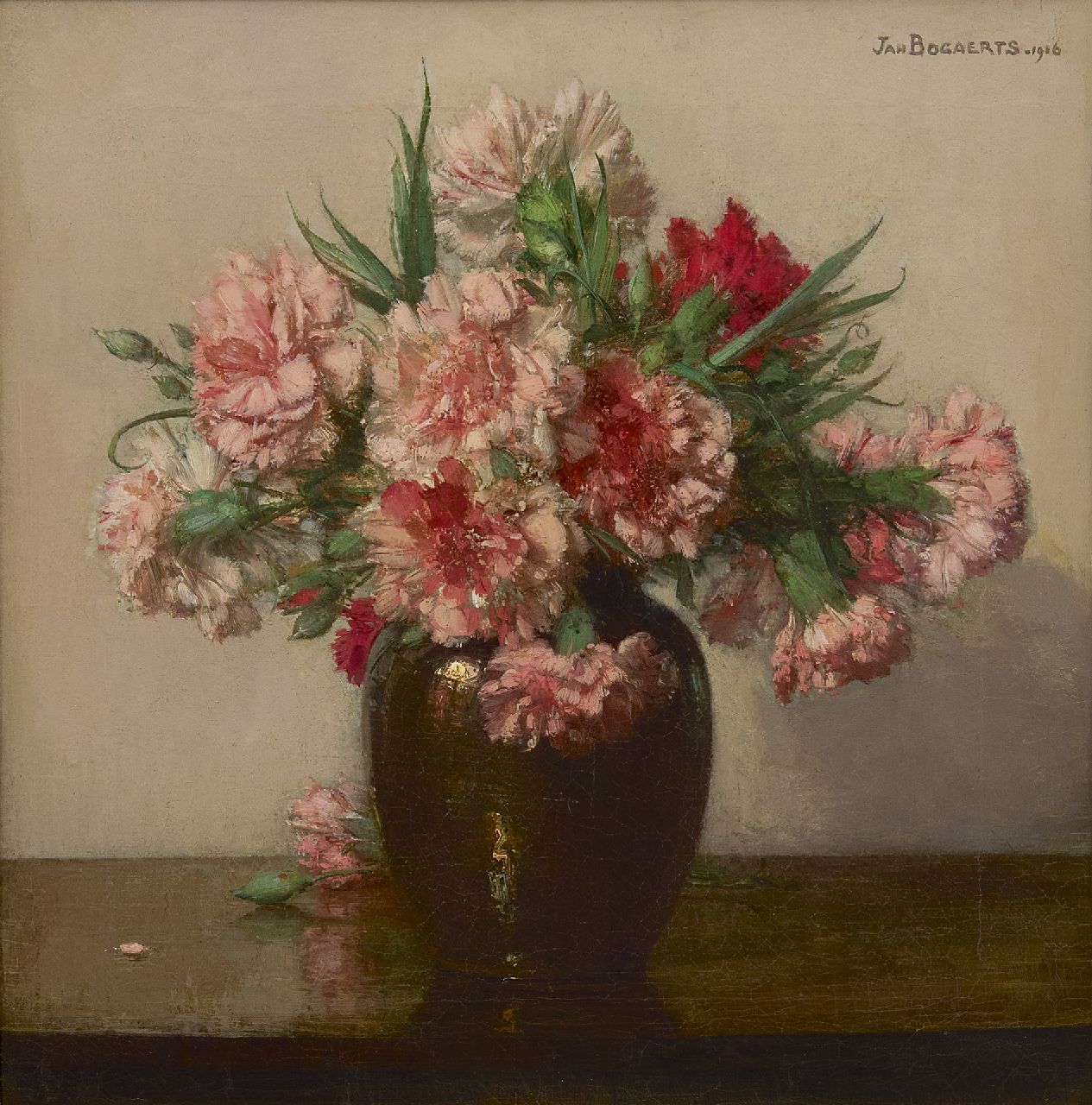 Bogaerts J.J.M. | Johannes Jacobus Maria 'Jan' Bogaerts, Roze anjers, olieverf op doek 39,6 x 38,5 cm, gesigneerd rechtsboven en gedateerd 1916 Bogaerts J.J.M. | Johannes Jacobus Maria 'Jan' Bogaerts, Roze anjers, olieverf op doek 39,6 x 38,5 cm, gesigneerd rechtsboven en gedateerd 1916
