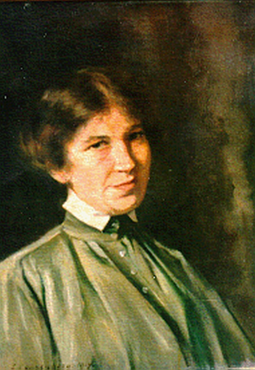 Couwenberg C.W. | Caroline Wilhelmine 'Line' Couwenberg, Portret van een vrouw, olieverf op doek 57,5 x 41,0 cm, gesigneerd linksonder en gedateerd 1917 Couwenberg C.W. | Caroline Wilhelmine 'Line' Couwenberg, Portret van een vrouw, olieverf op doek 57,5 x 41,0 cm, gesigneerd linksonder en gedateerd 1917