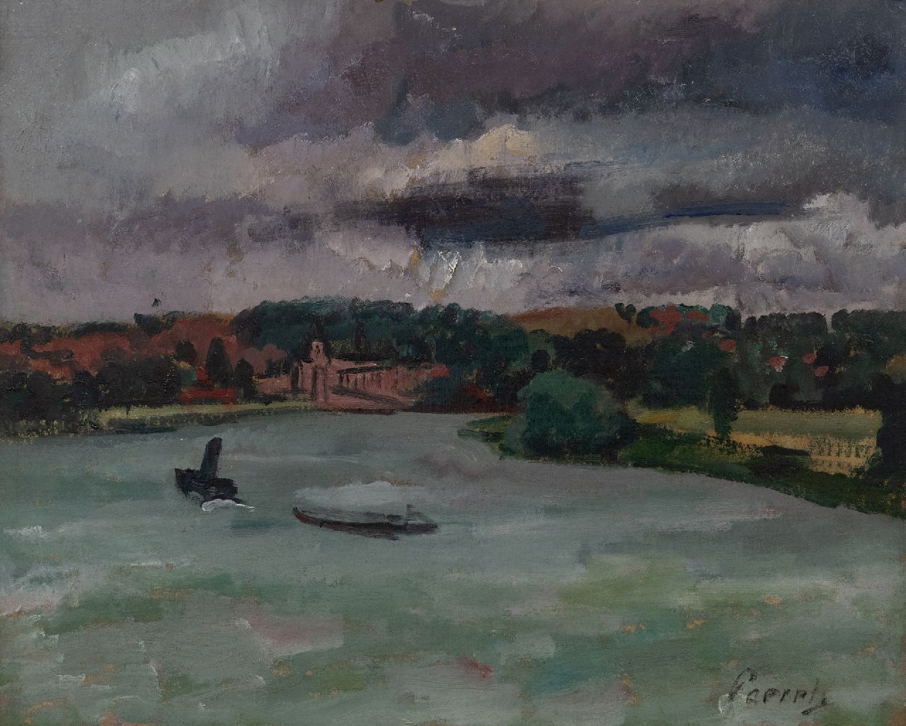 Paerels W.A. | 'Willem' Adriaan Paerels | Schilderijen te koop aangeboden | Riviergezicht met schepen, olieverf op doek 39,7 x 49,1 cm, gesigneerd rechtsonder Paerels W.A. | 'Willem' Adriaan Paerels | Schilderijen te koop aangeboden | Riviergezicht met schepen, olieverf op doek 39,7 x 49,1 cm, gesigneerd rechtsonder